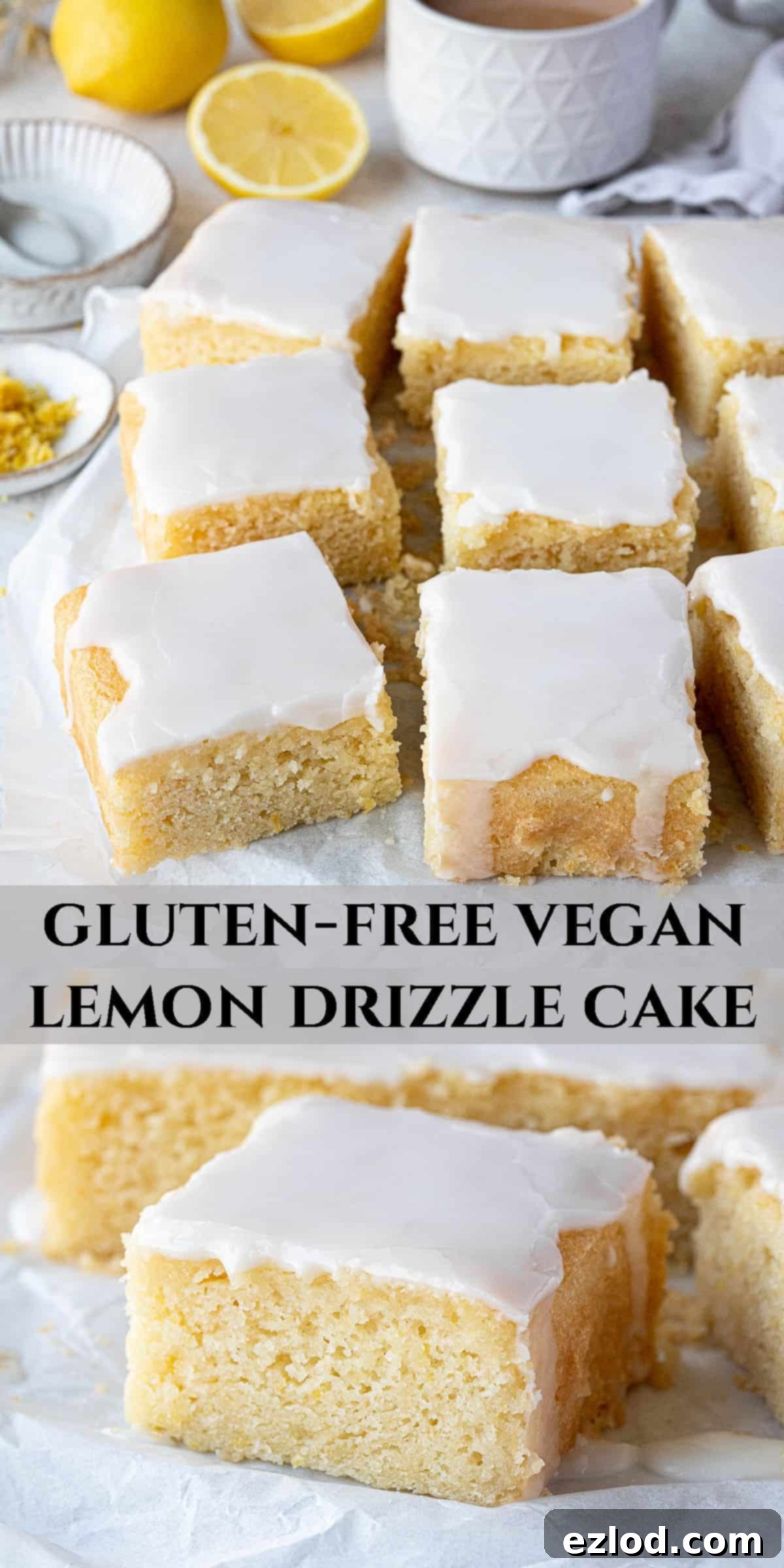 A vibrant Pinterest collage image showcasing the irresistible gluten-free vegan lemon drizzle cake, perfect for sharing and inspiring others.