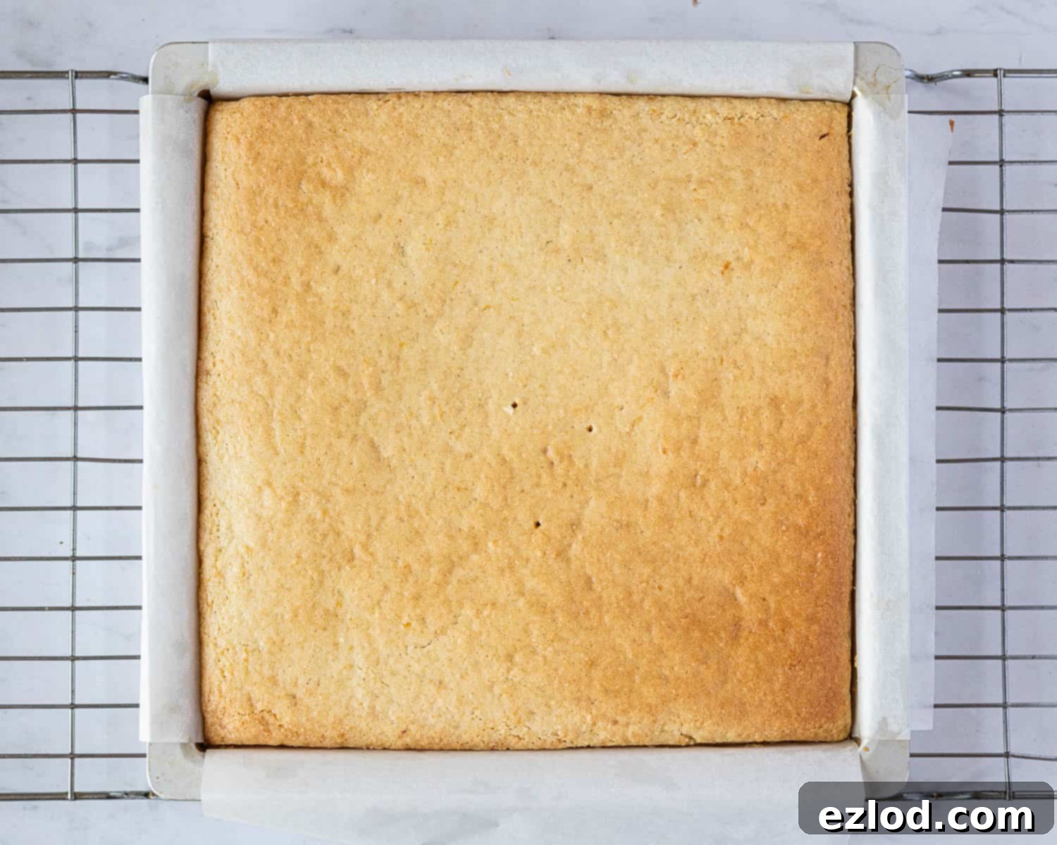 Step 4 in making gluten-free vegan lemon drizzle cake: The beautifully golden and perfectly baked cake, fresh out of the oven.