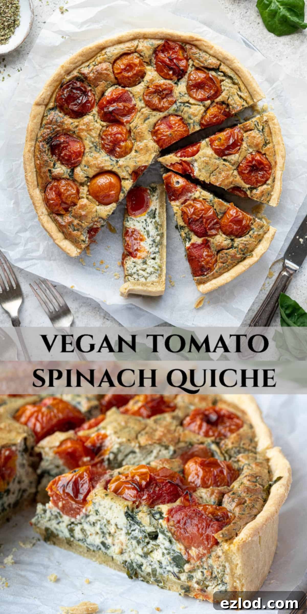 Pinterest collage image for Vegan Tomato Spinach Quiche, featuring multiple enticing angles of the dish.