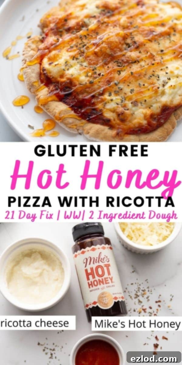 Creamy Hot Honey Ricotta Pizza 12 Pinterest image with text overlay: 'Hot Honey Pizza with Ricotta Cheese, Gluten-Free & Easy!'