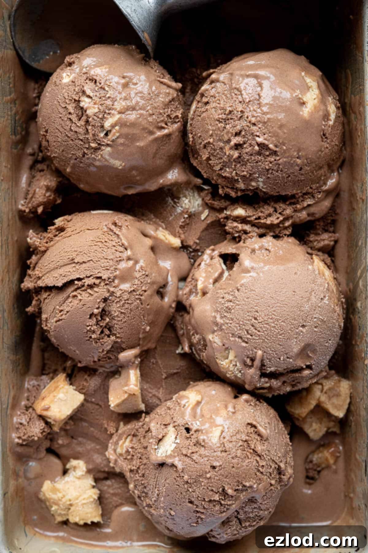 Close up of scoops of chocolate peanut butter ice cream.