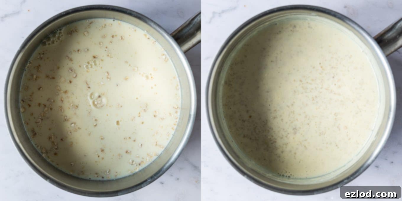 Step 1, a two image collage of cooking the oats and milk.