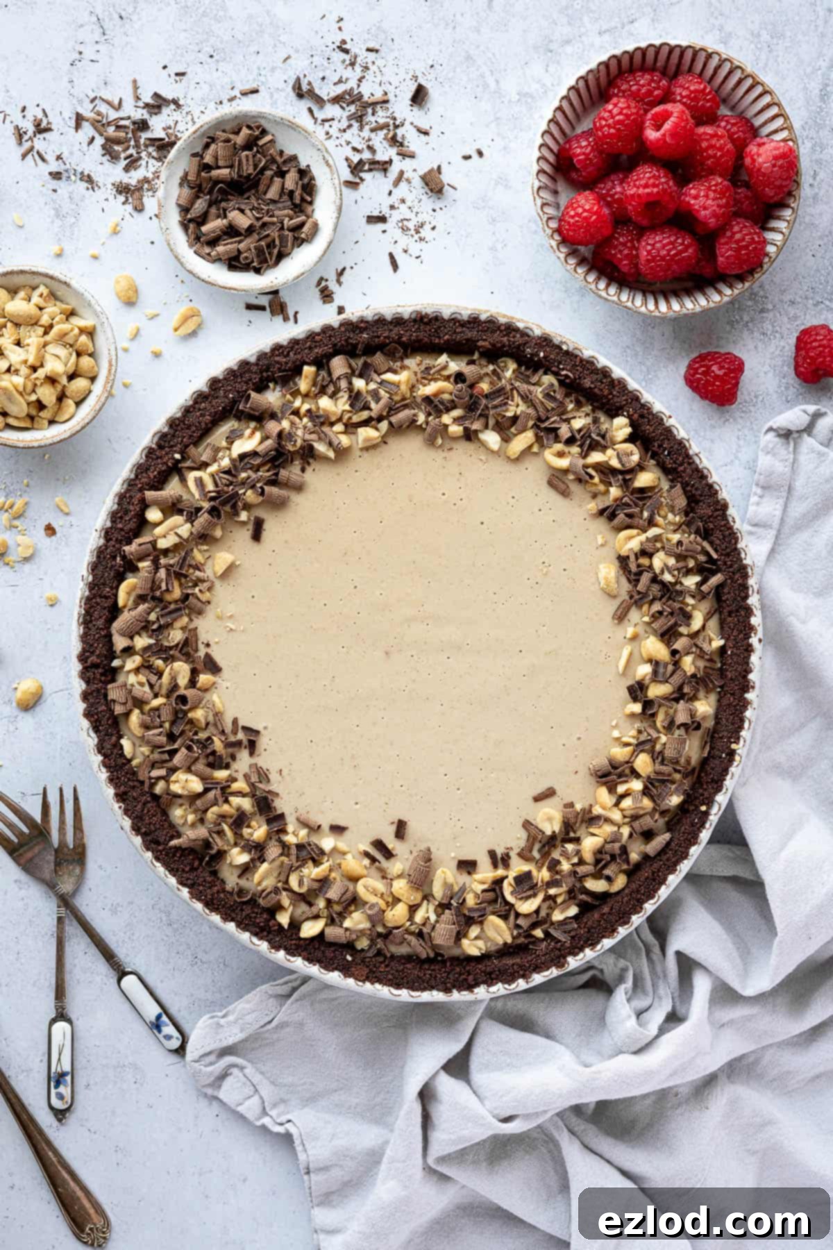 A beautifully presented whole vegan peanut butter pie, garnished with fresh raspberries, roasted peanuts, and delicate chocolate shavings, highlighting its rich textures and vibrant appeal.