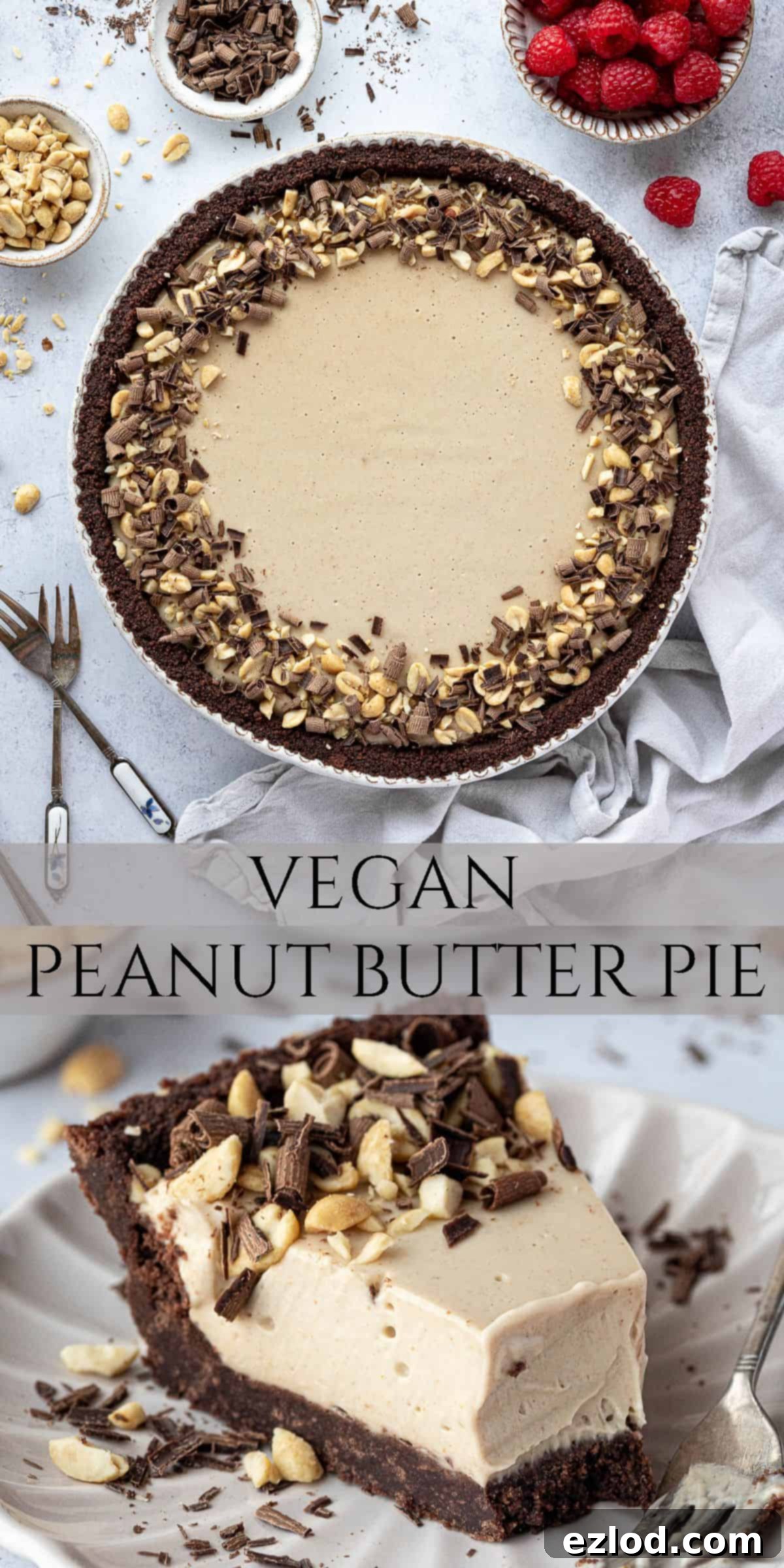 A Pinterest collage image featuring multiple appealing shots of the delicious vegan peanut butter pie, highlighting its ease of preparation and inviting appearance for social media sharing.