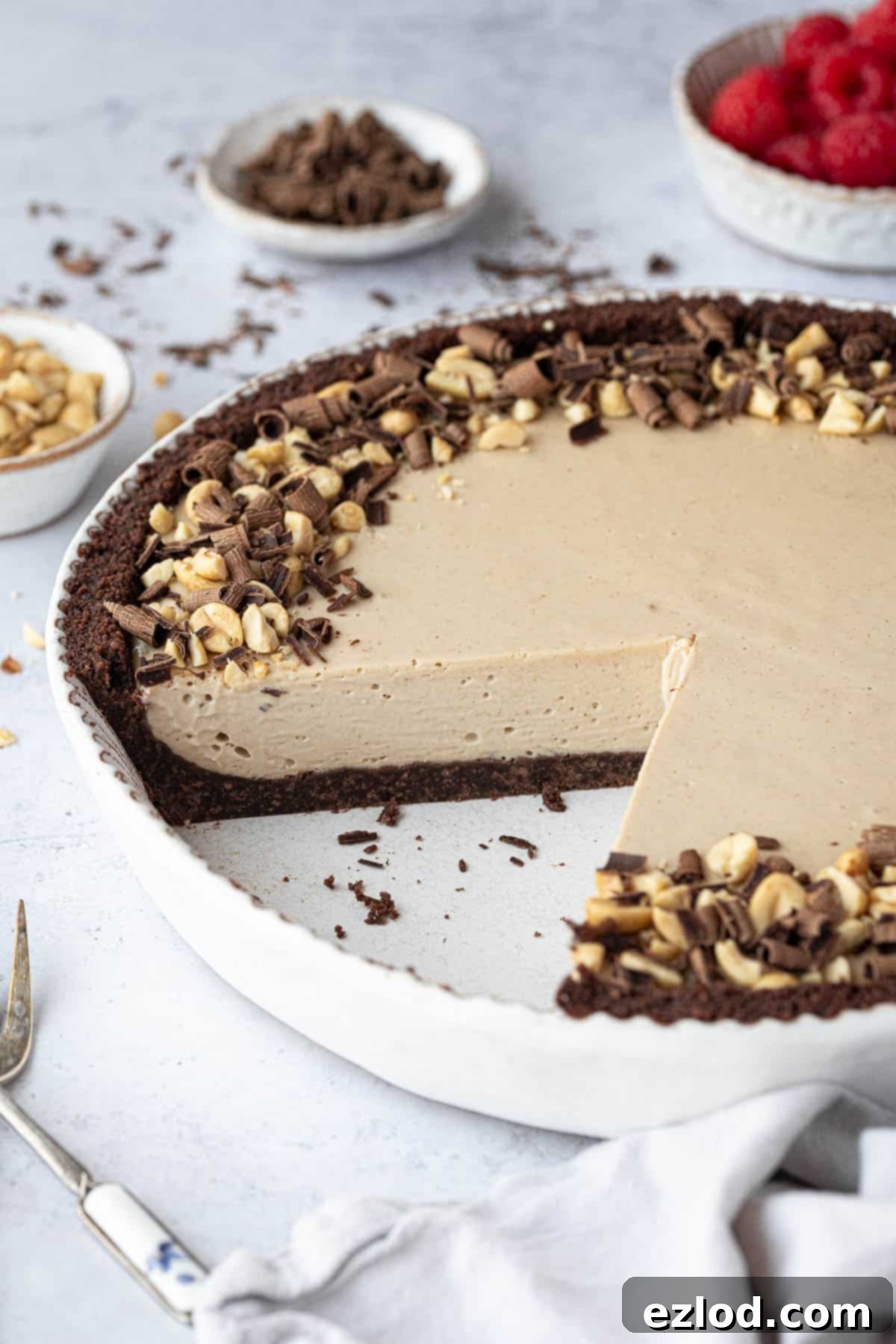 A close-up view of a perfectly sliced vegan peanut butter pie, showcasing the distinct layers of the dark chocolate cookie crust and the light, creamy peanut butter filling, inviting a bite.