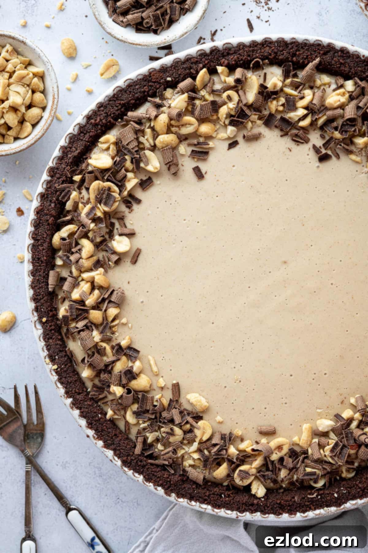 A close-up of the finished vegan peanut butter pie, generously adorned with finely chopped roasted peanuts and delicate chocolate shavings, highlighting its irresistible texture and elegant decorative finish.