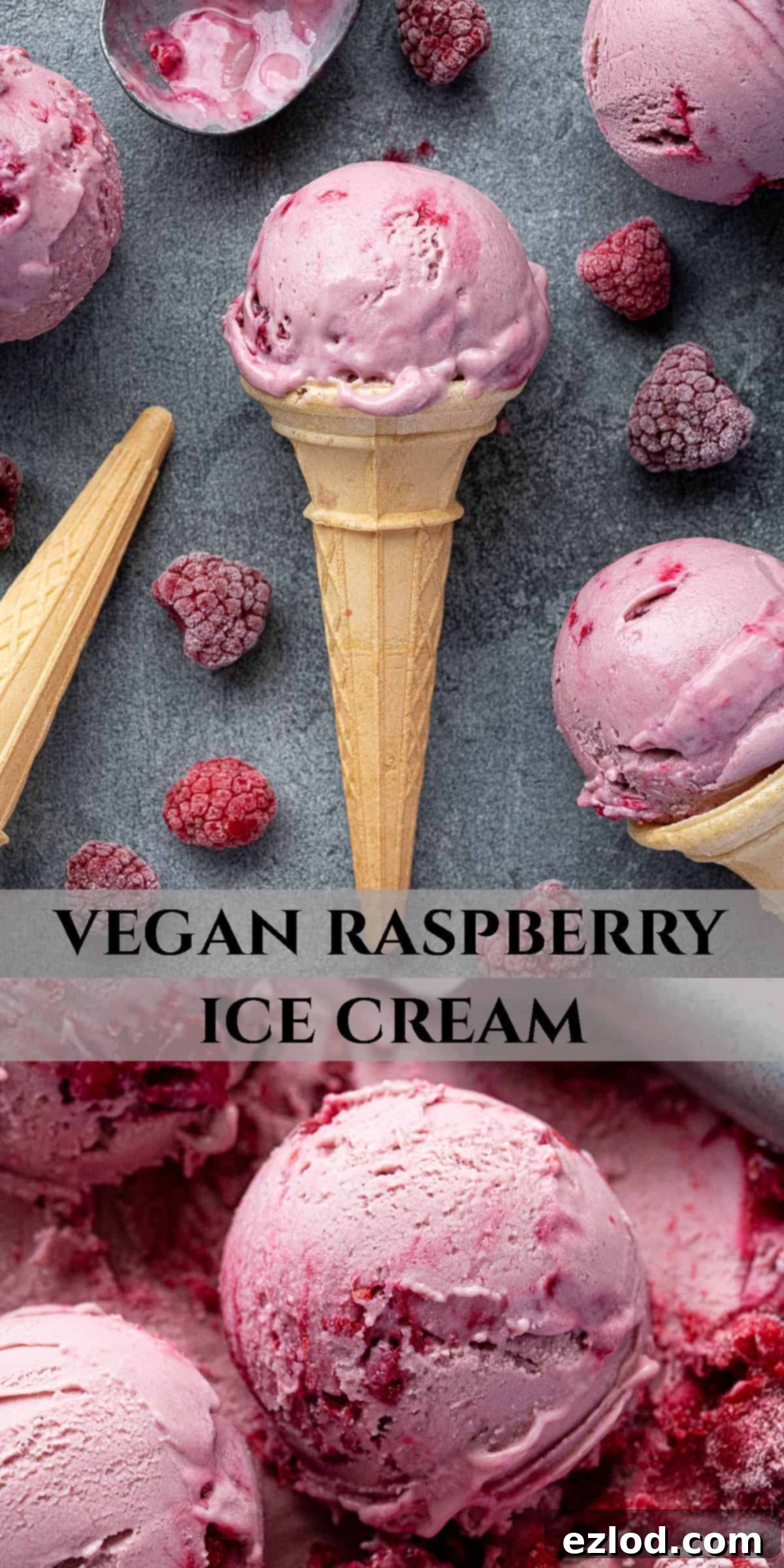 A Pinterest collage image featuring various shots of vegan raspberry ice cream.