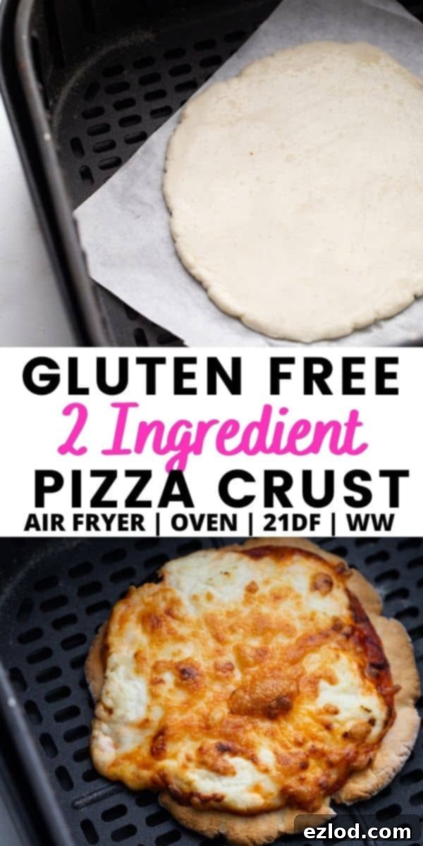 Pinterest image with text overlay '2 Ingredient Pizza Crust', promoting the gluten-free Greek yogurt pizza crust recipe.