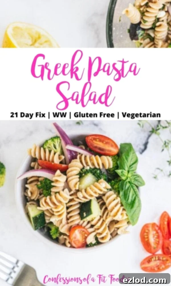 Food picture with a black and pink text overlay- Greek Pasta Salad | 21 Day Fix | WW | Gluten Free | Vegetarian | Confessions of a Fit Foodie