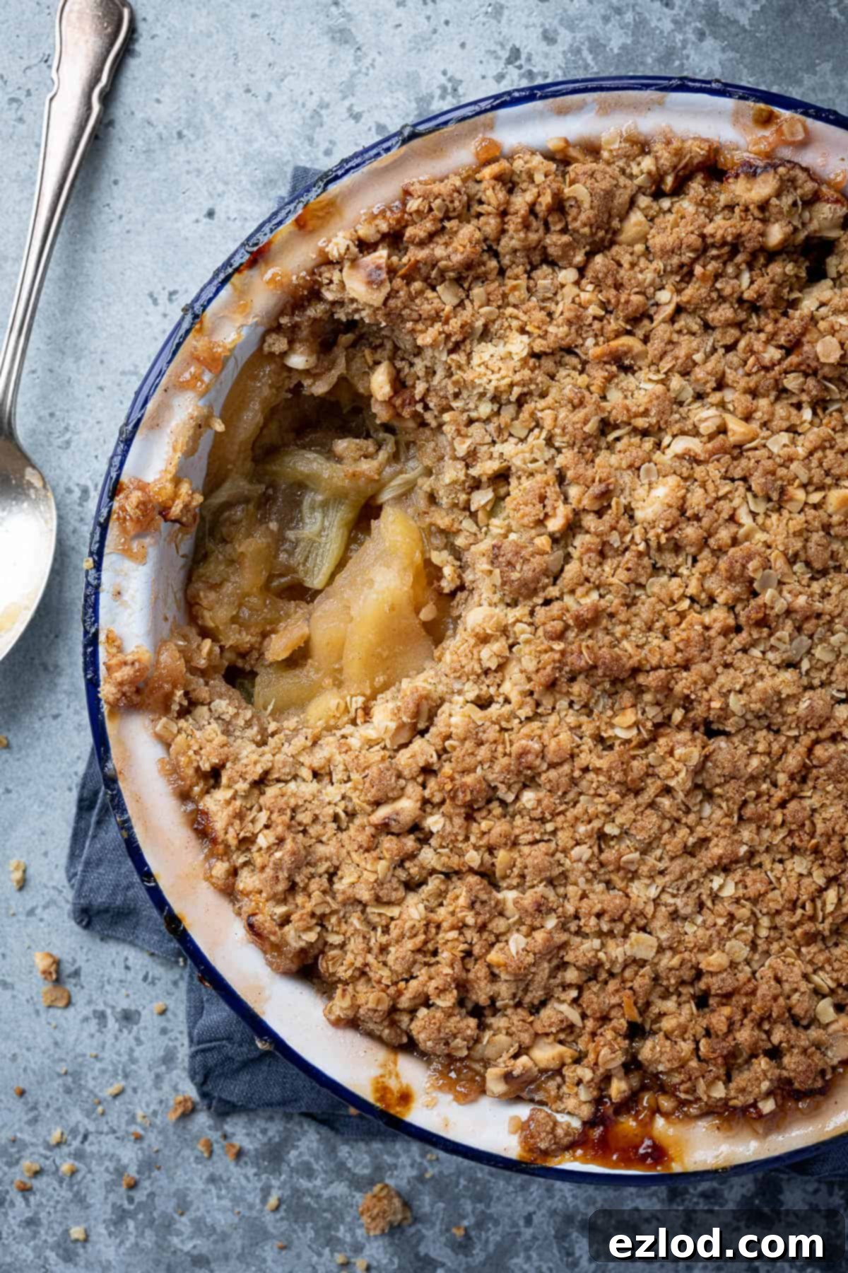 Close up of the crumble with a spoonful removed.