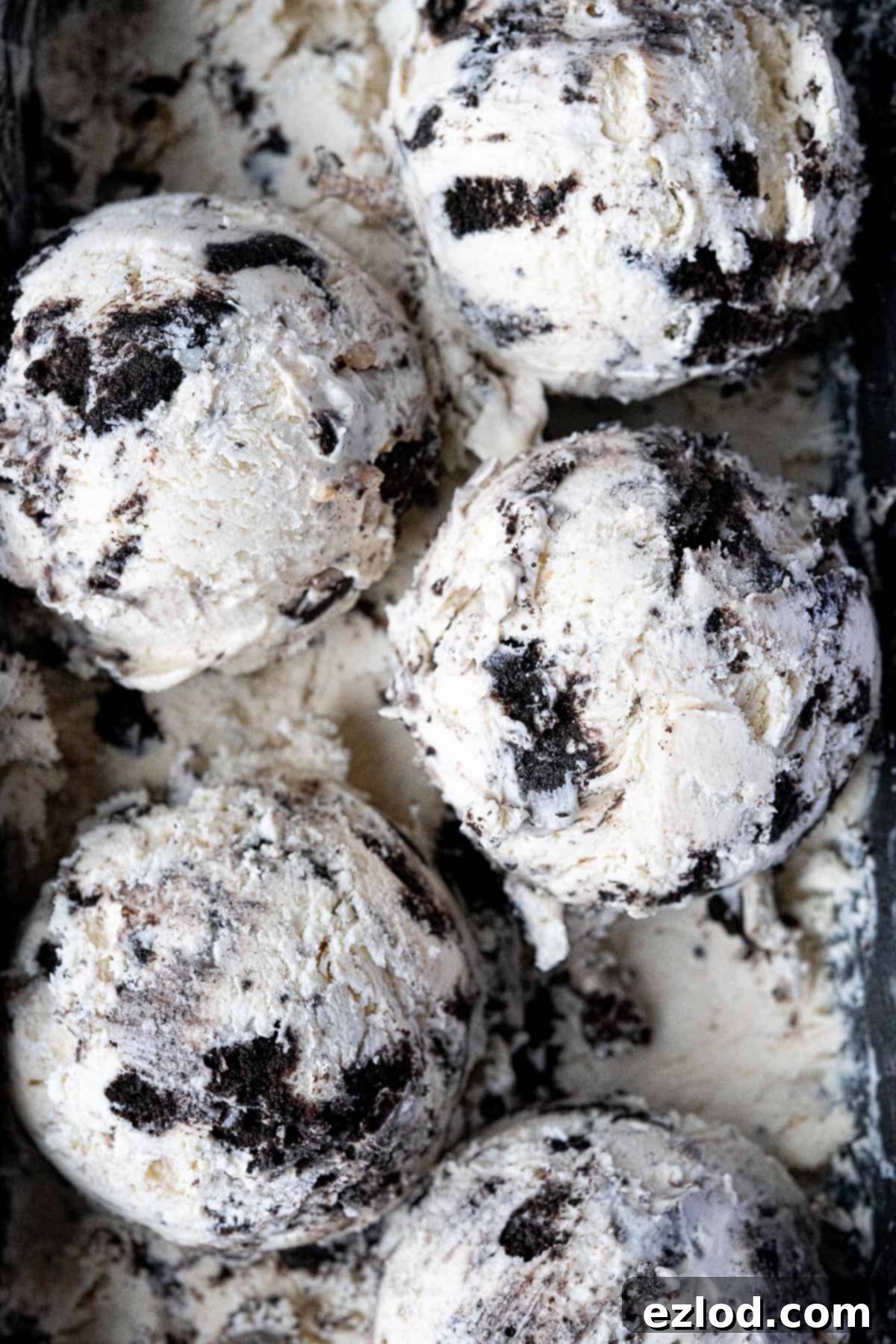 Close up of scoops of peanut butter Oreo ice cream.