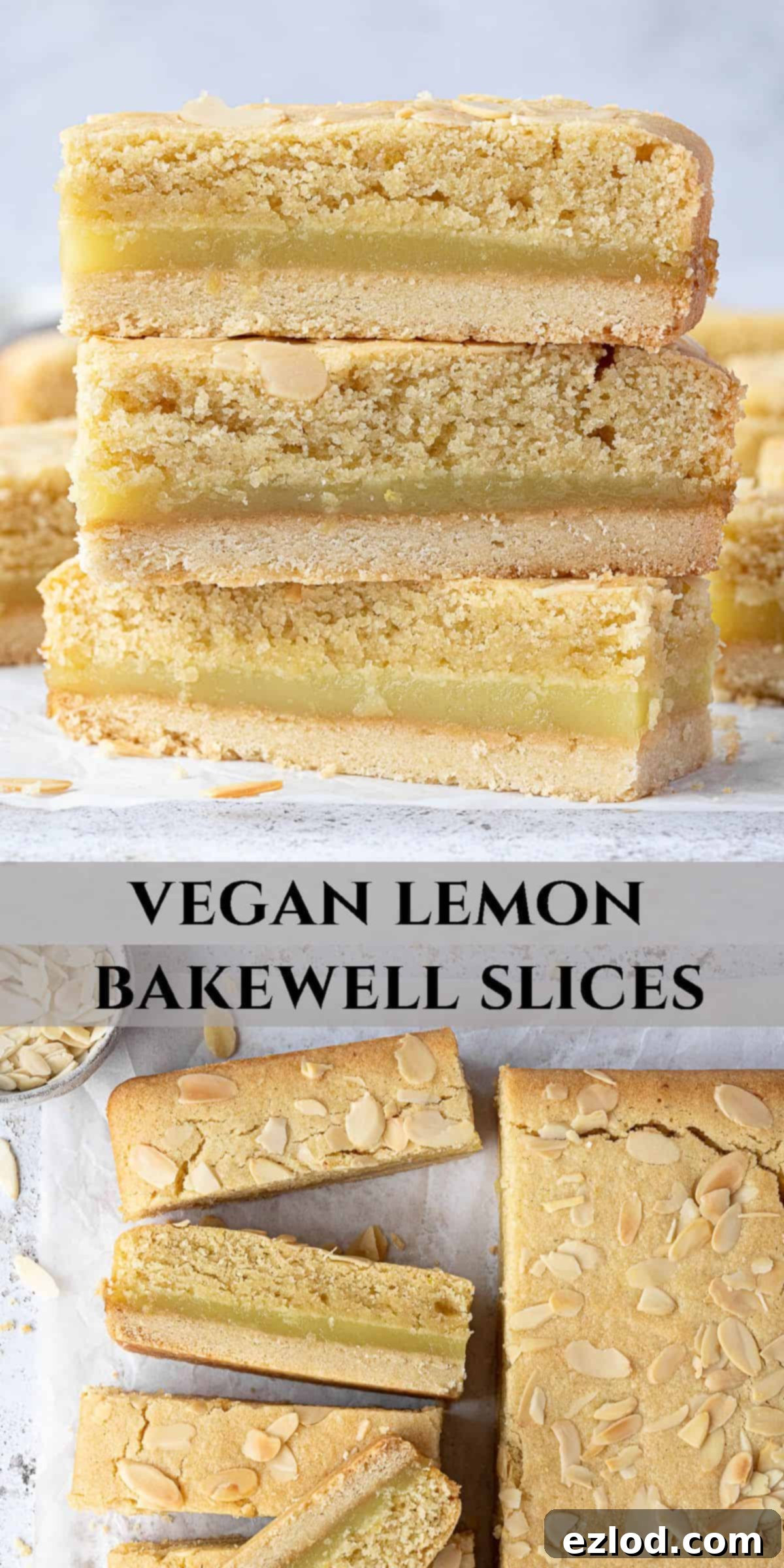 Zesty Vegan Bakewell Bliss 14 A Pinterest collage image featuring various angles of the vegan lemon Bakewell slices.