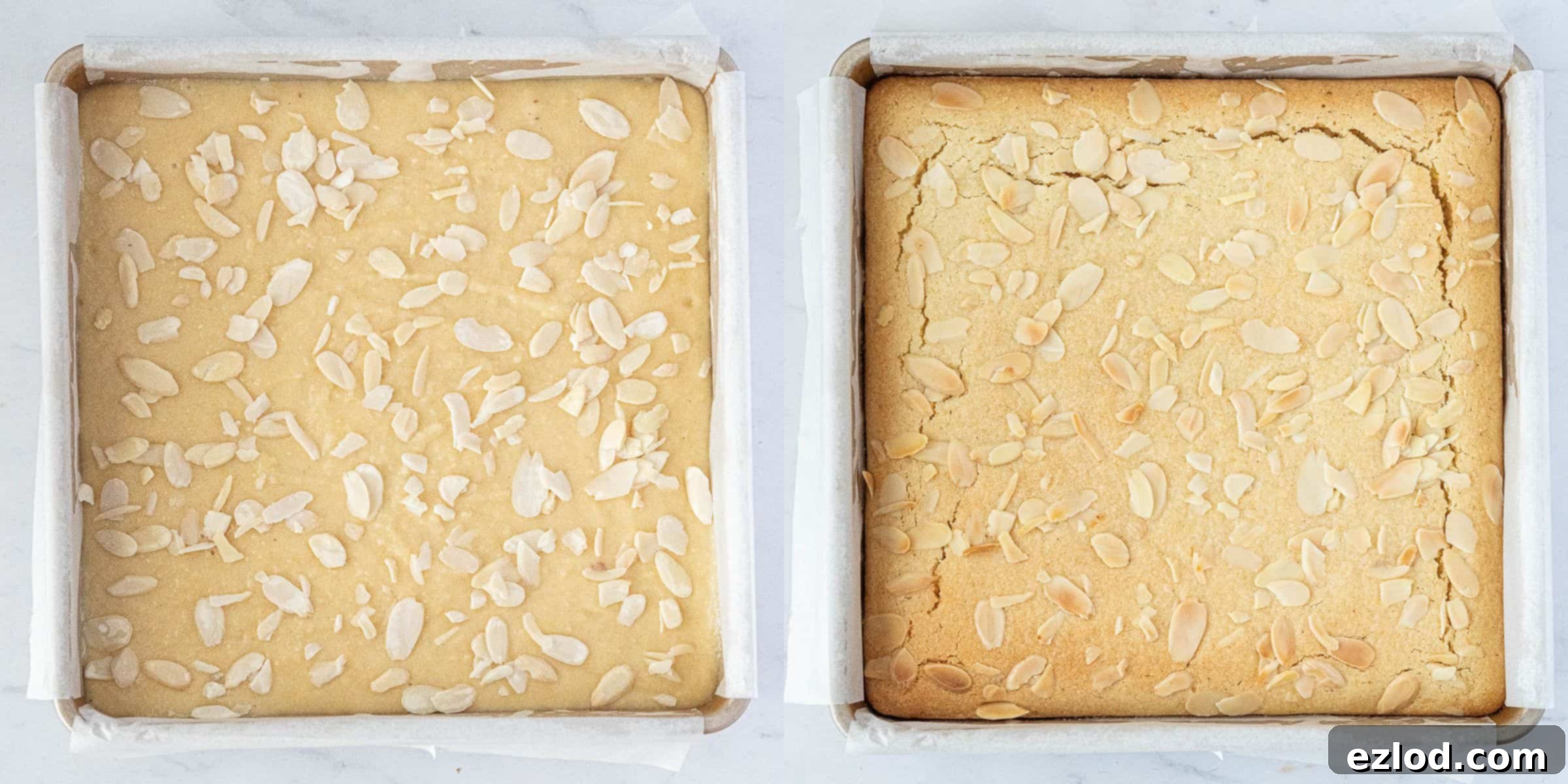 Zesty Vegan Bakewell Bliss 9 A 2-image collage showing the Bakewell bars before and after baking, highlighting the golden-brown frangipane.