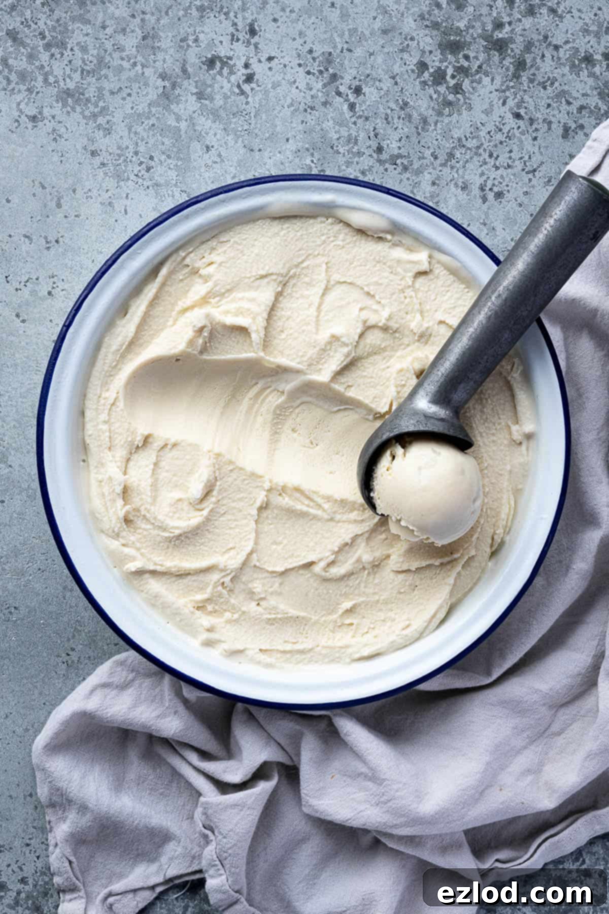A dish of creamy vegan rice ice cream with a metal ice cream scoop, ready to be served.