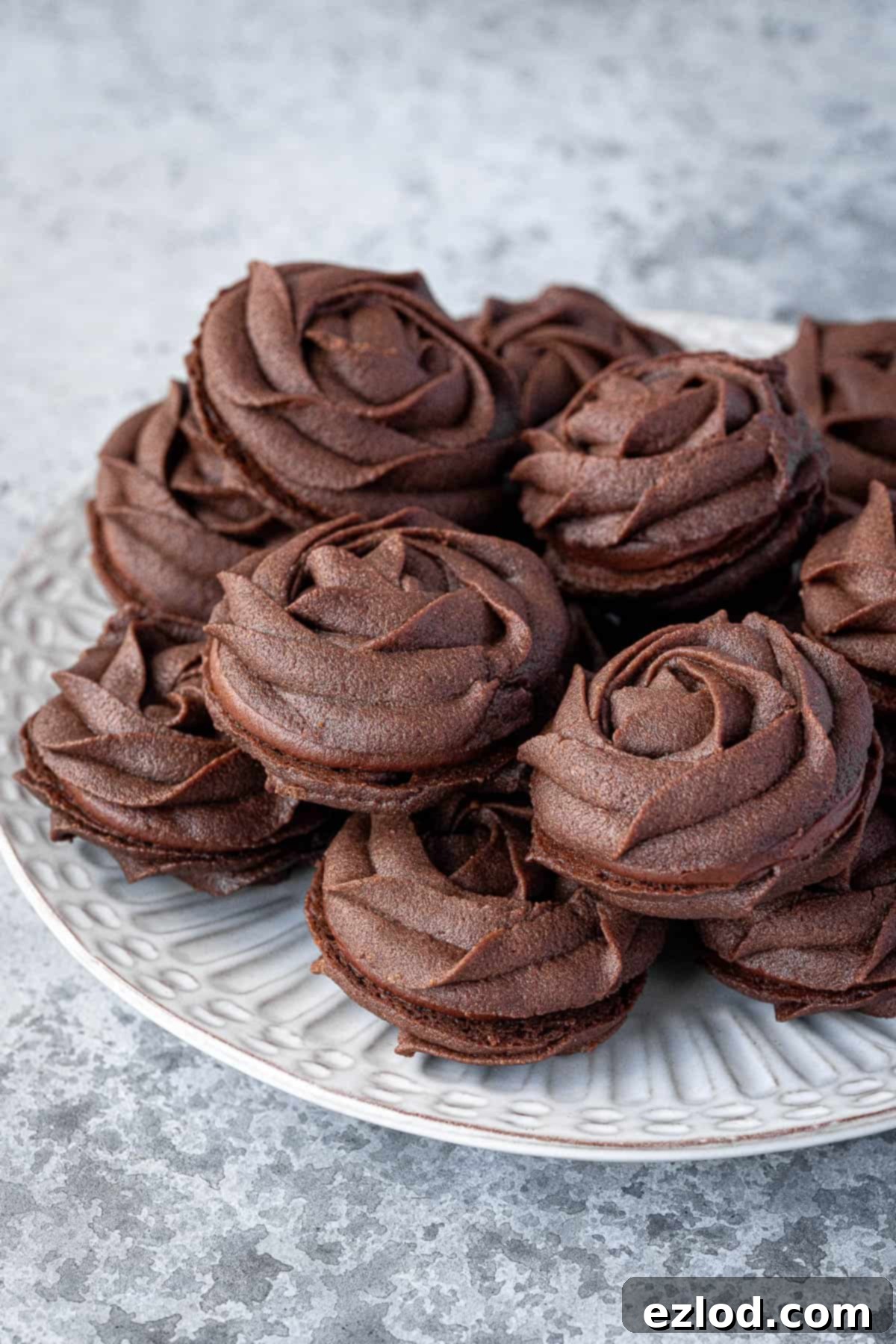 Chocolate Viennese whirl cookies on a white plate.
