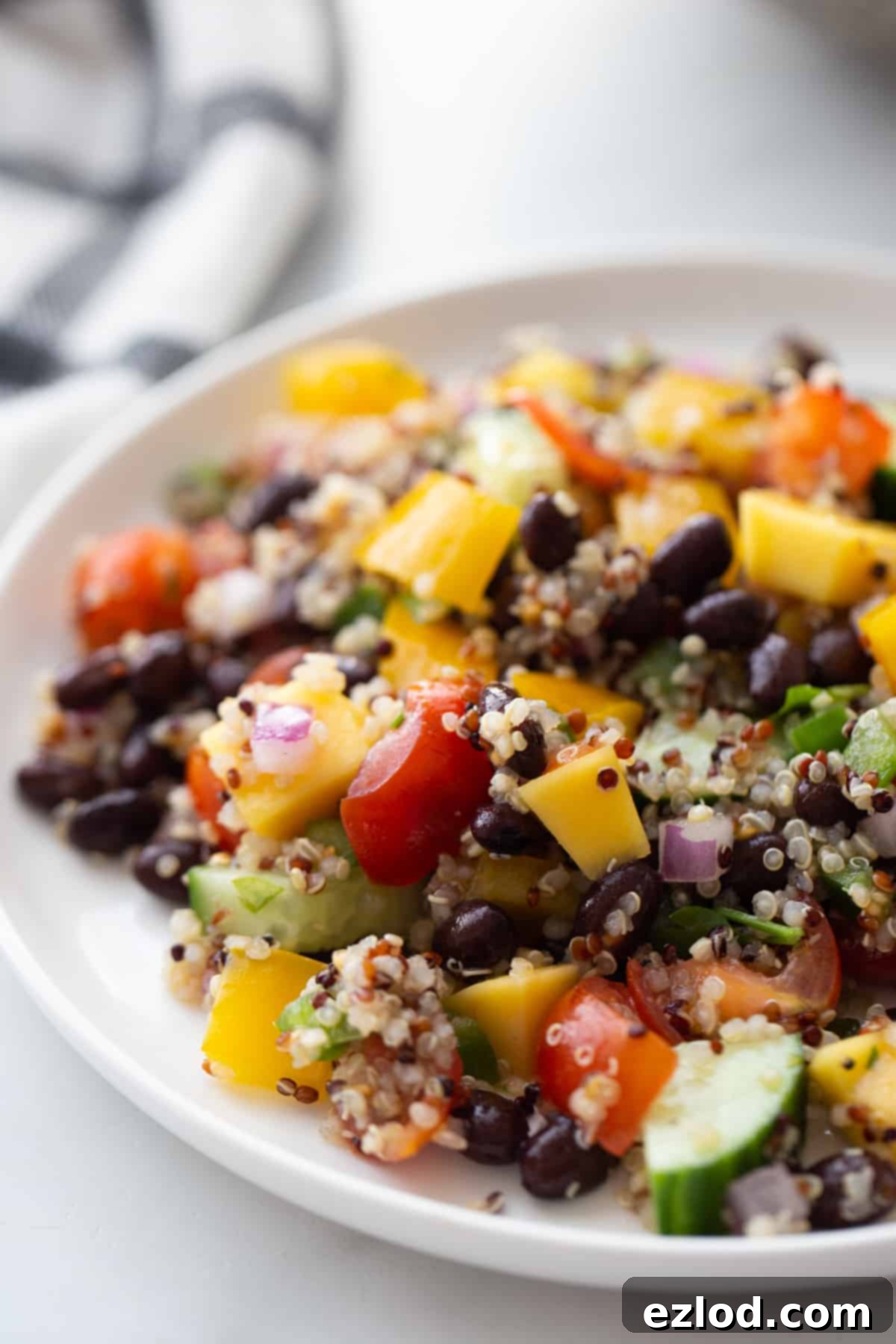 Close up photo of quinoa and black bean salad on a white plate. There are chopped veggies, cooked quinoa, and black beans all mixed together, showcasing its vibrant texture.
