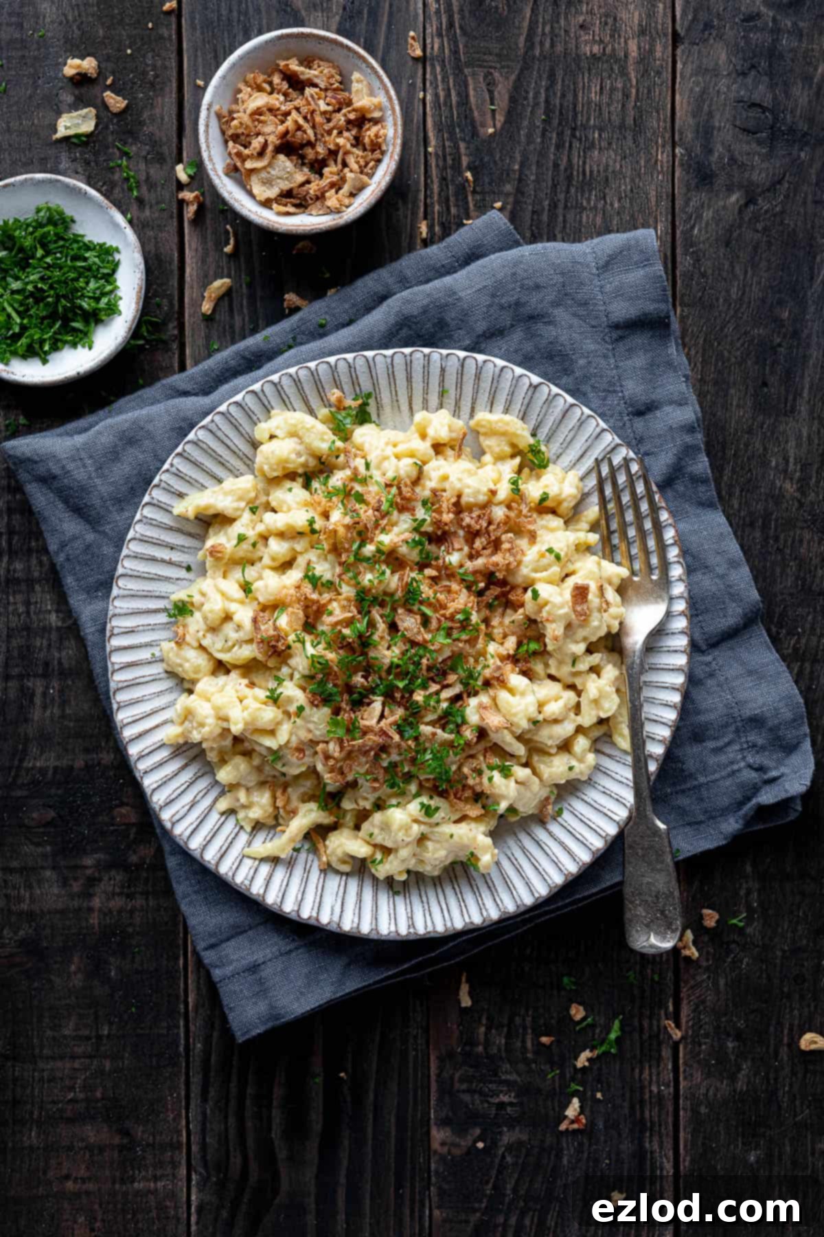 Vegan spaetzle with cheese sauce, crispy fried onions and parsley on a white plate, showcasing a comforting German dish.