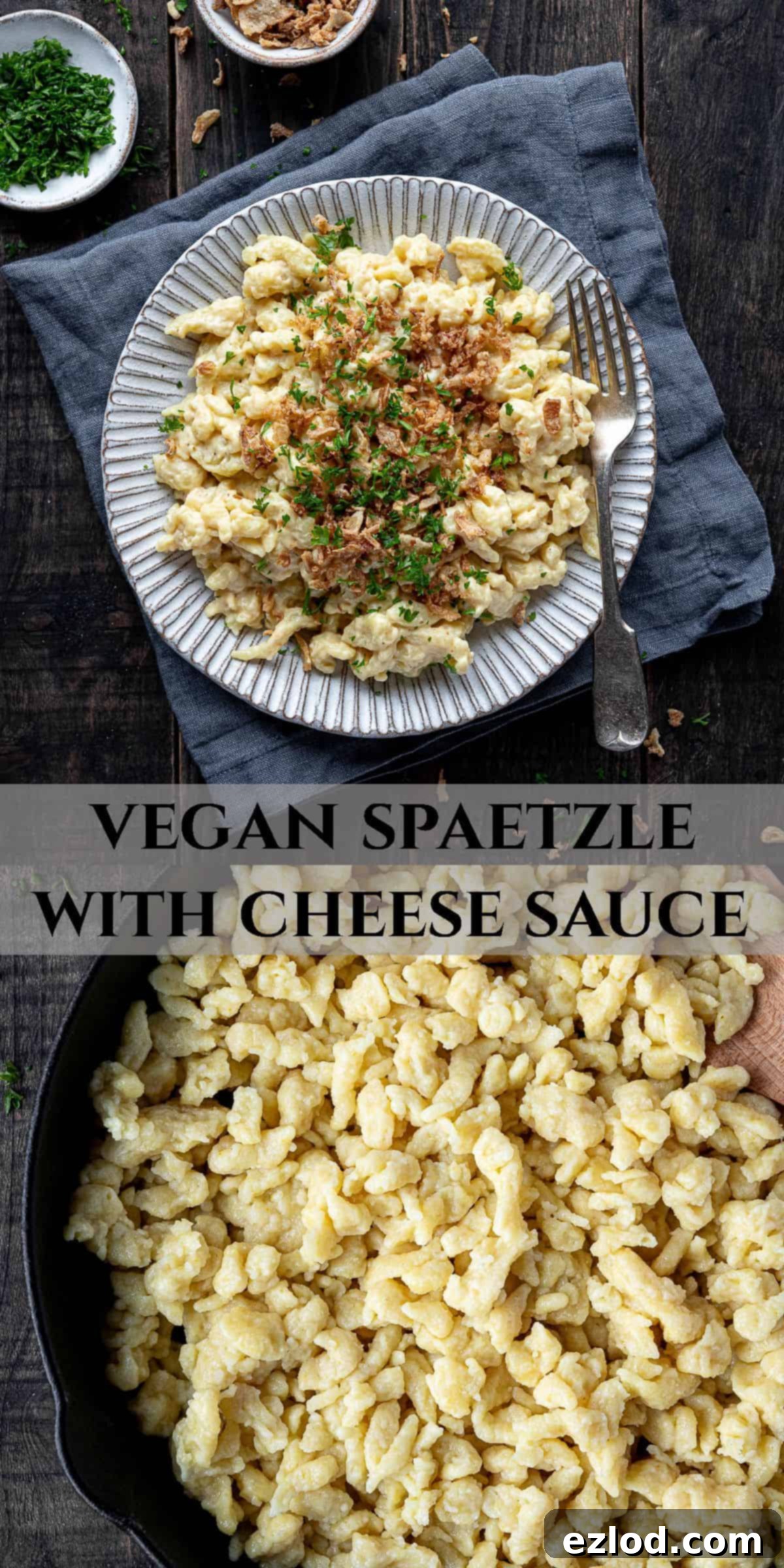 Pinterest collage featuring delicious vegan spaetzle with cheese sauce and fried onions, a perfect eggless German comfort food.