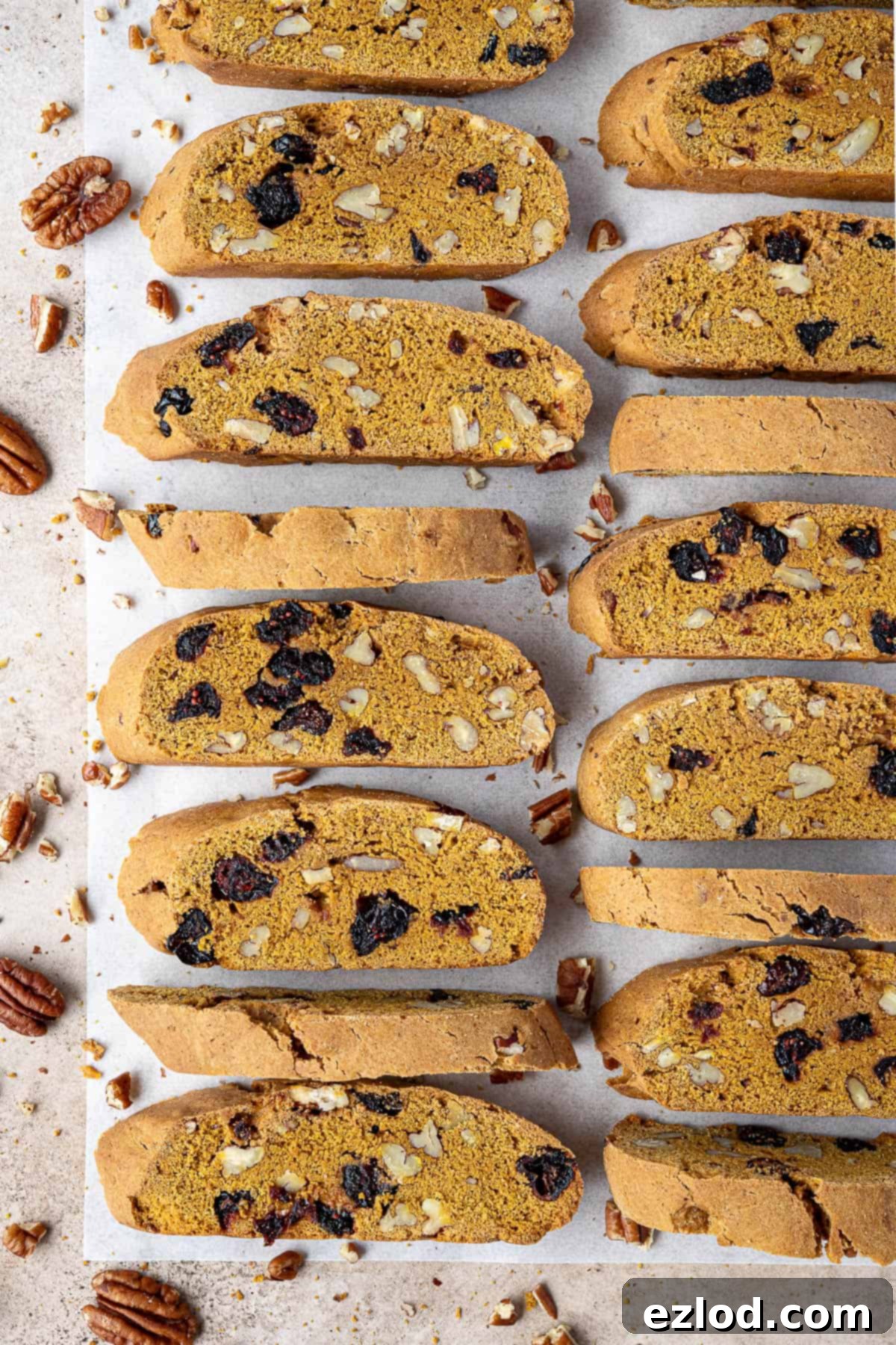 Two rows of golden-brown vegan pumpkin biscotti cooling on a sheet of baking parchment, showcasing their crunchy texture and festive additions.