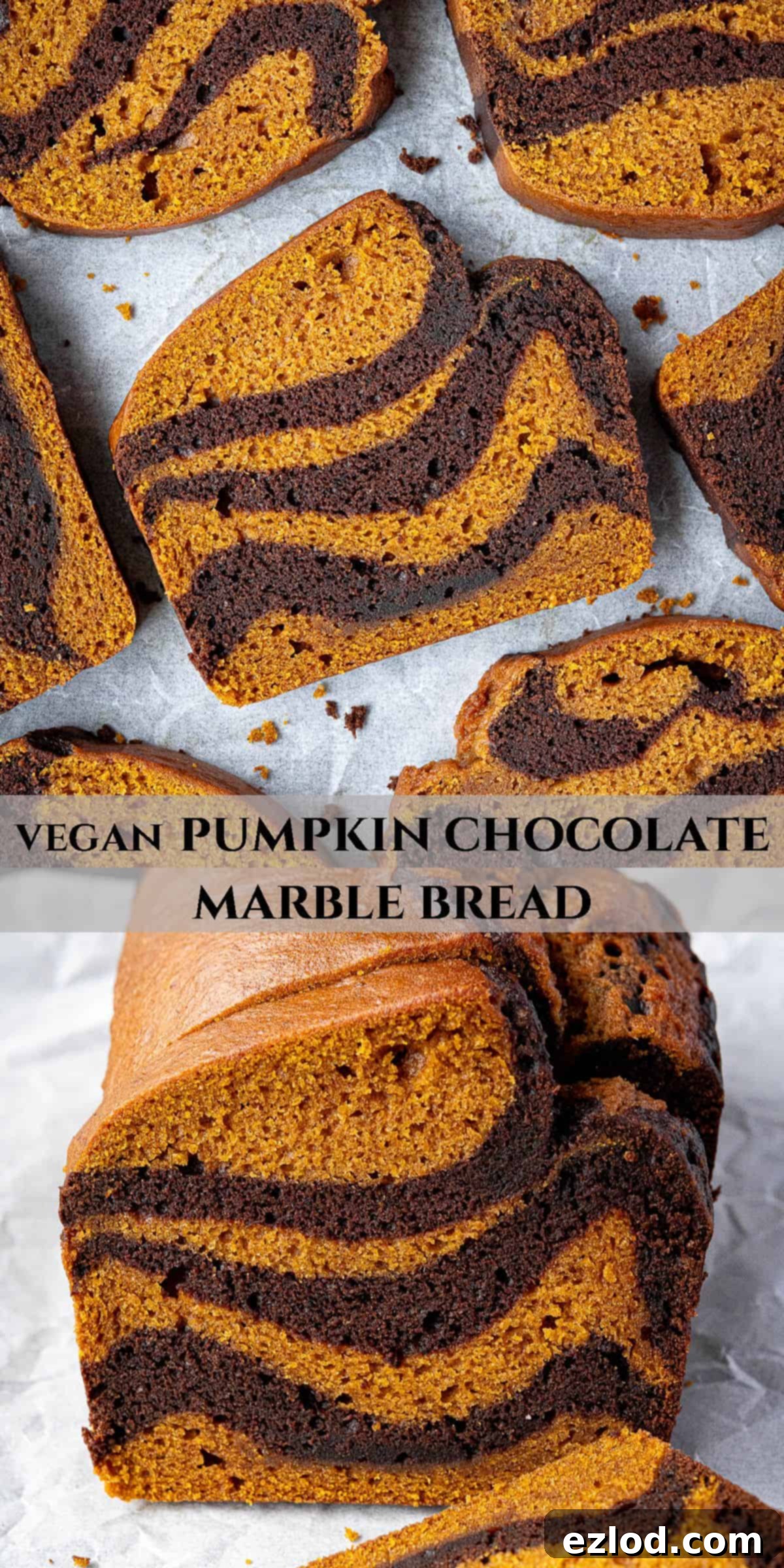 A Pinterest collage image featuring multiple angles and slices of vegan pumpkin chocolate marble bread, perfect for sharing.