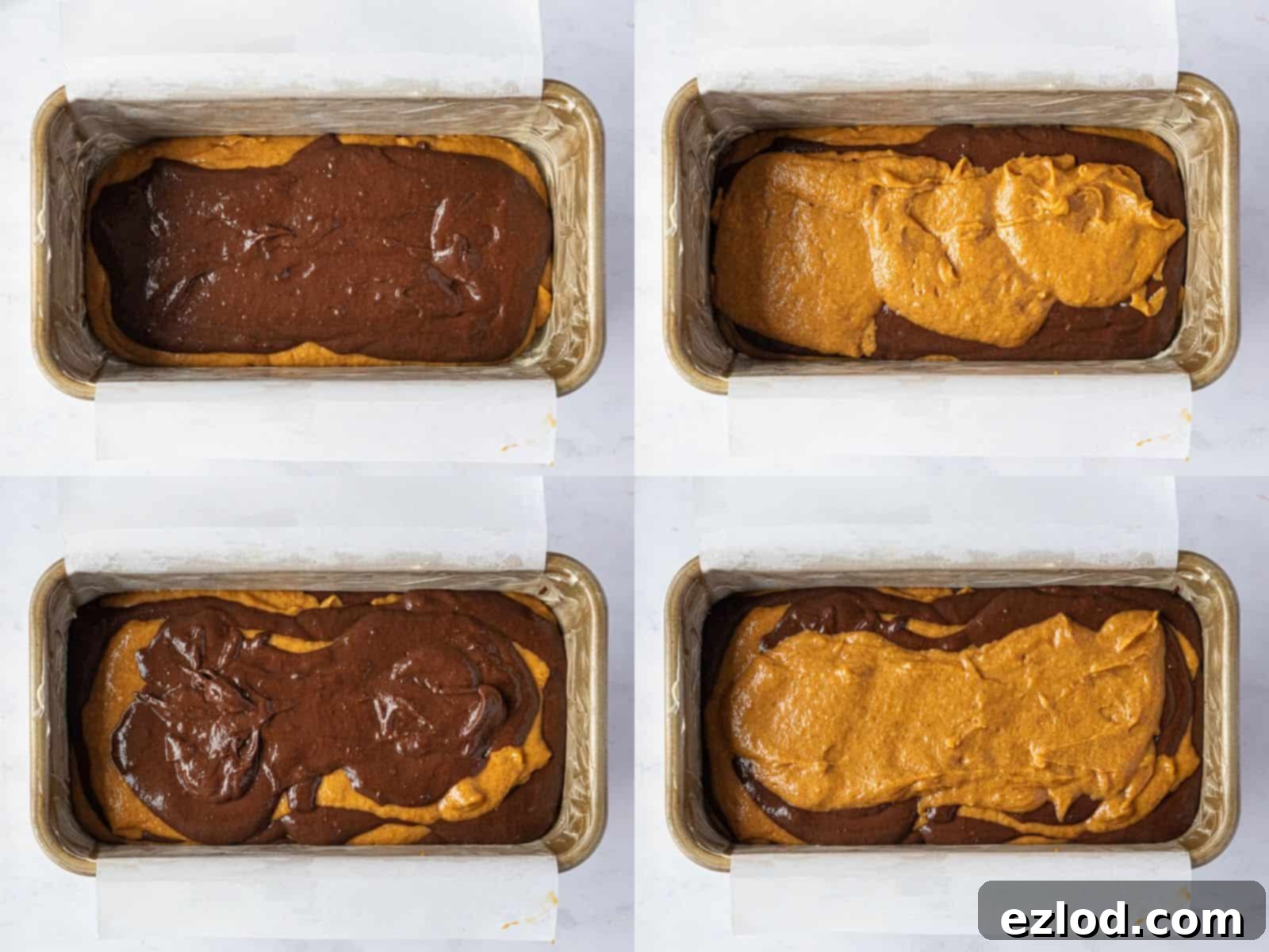 A four-image collage demonstrating the process of layering pumpkin and chocolate batters into a loaf tin to create the marble effect.