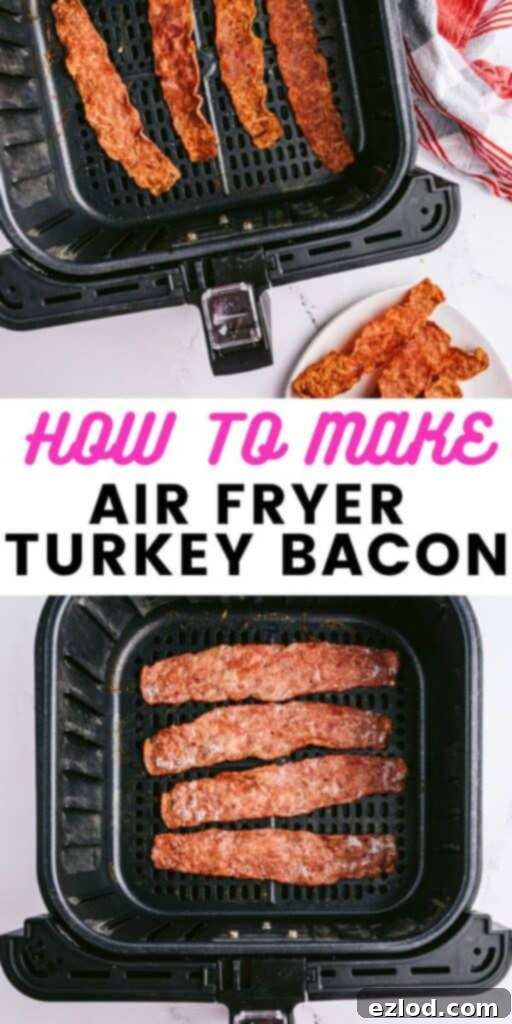 Crispy Air Fryer Turkey Bacon 7 A top-down view of an air fryer basket with crispy turkey bacon and a plate with more cooked bacon.