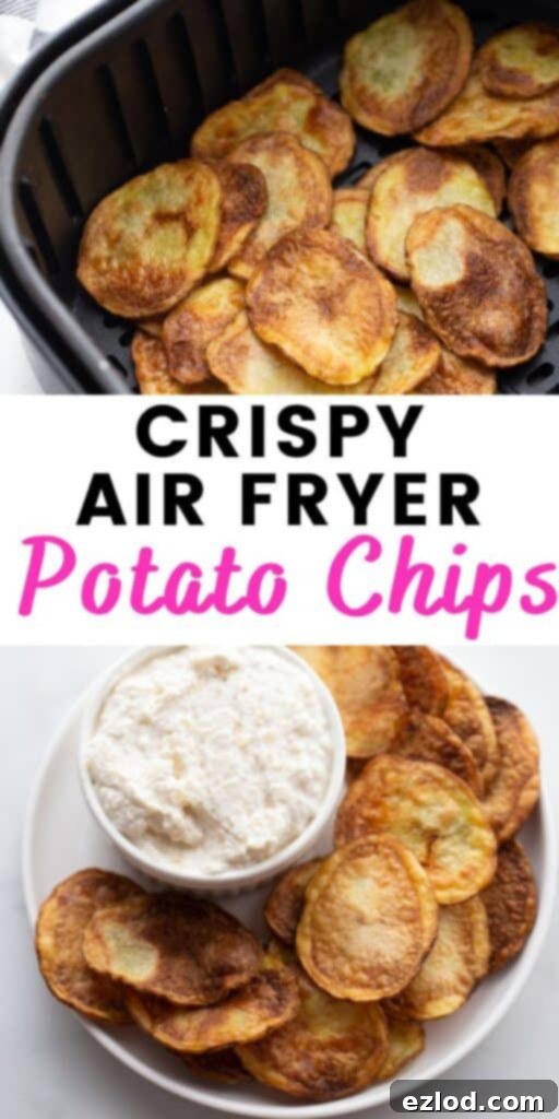 Pinterest image with text overlay promoting easy homemade Air Fryer Potato Chips as a healthy, quick, and delicious snack idea.