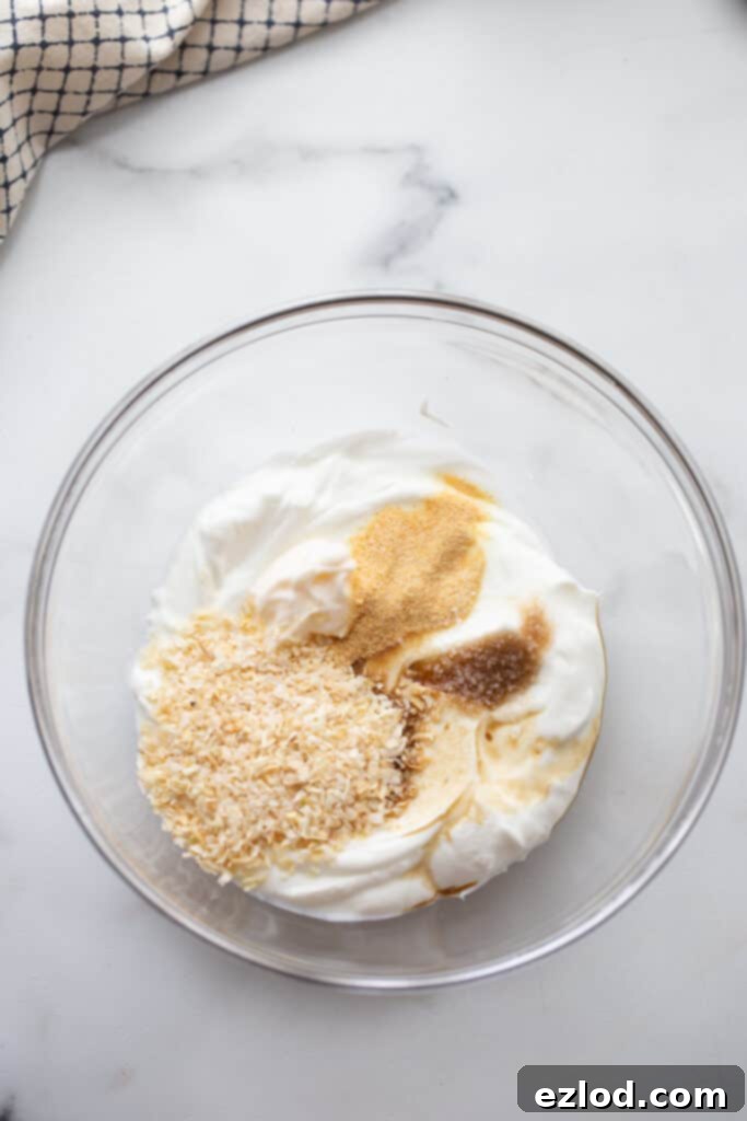 Creamy Greek Yogurt French Onion Dip 4 A small bowl containing plain Greek yogurt, mayo, minced dried onions, garlic powder, and salt, ready to be mixed into a creamy French onion dip.