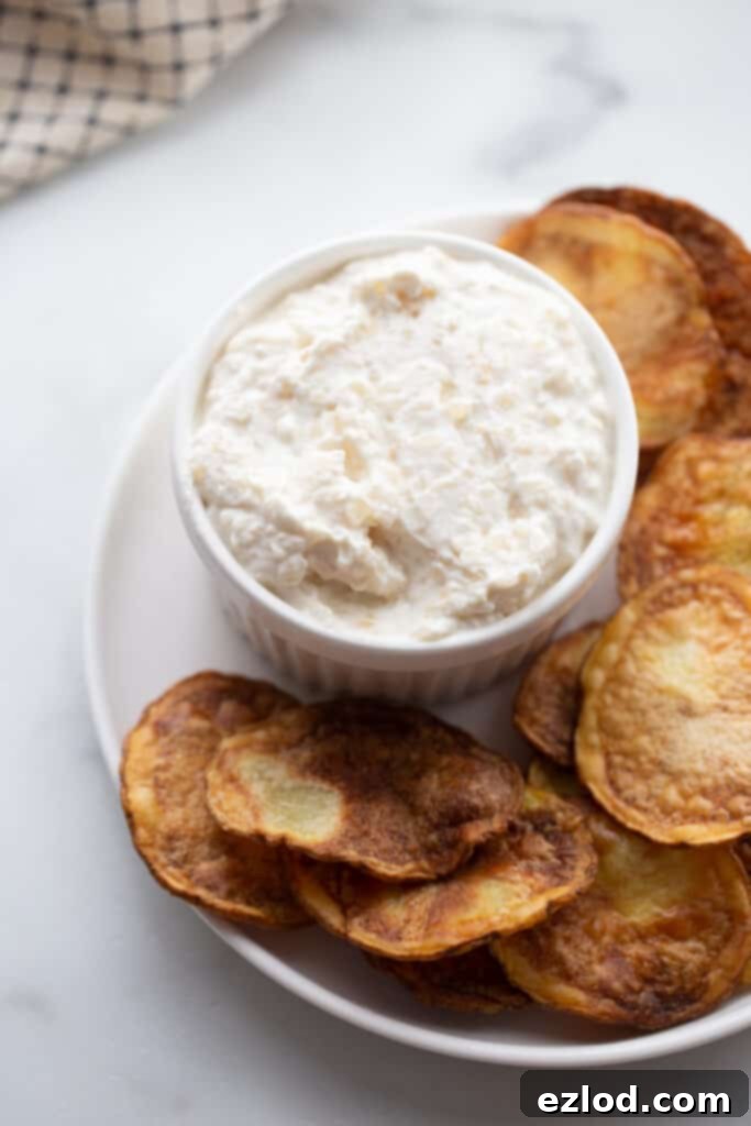 Creamy Greek Yogurt French Onion Dip 6 A plate of golden Air Fryer potato chips served alongside a small bowl of creamy, homemade Greek yogurt French onion dip.