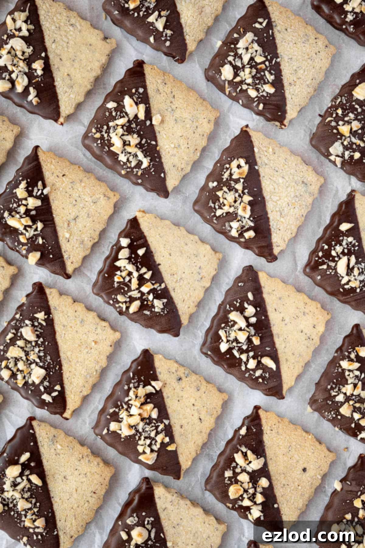 Rows of vegan hazelnut shortbread cookies on a sheet of baking parchment.
