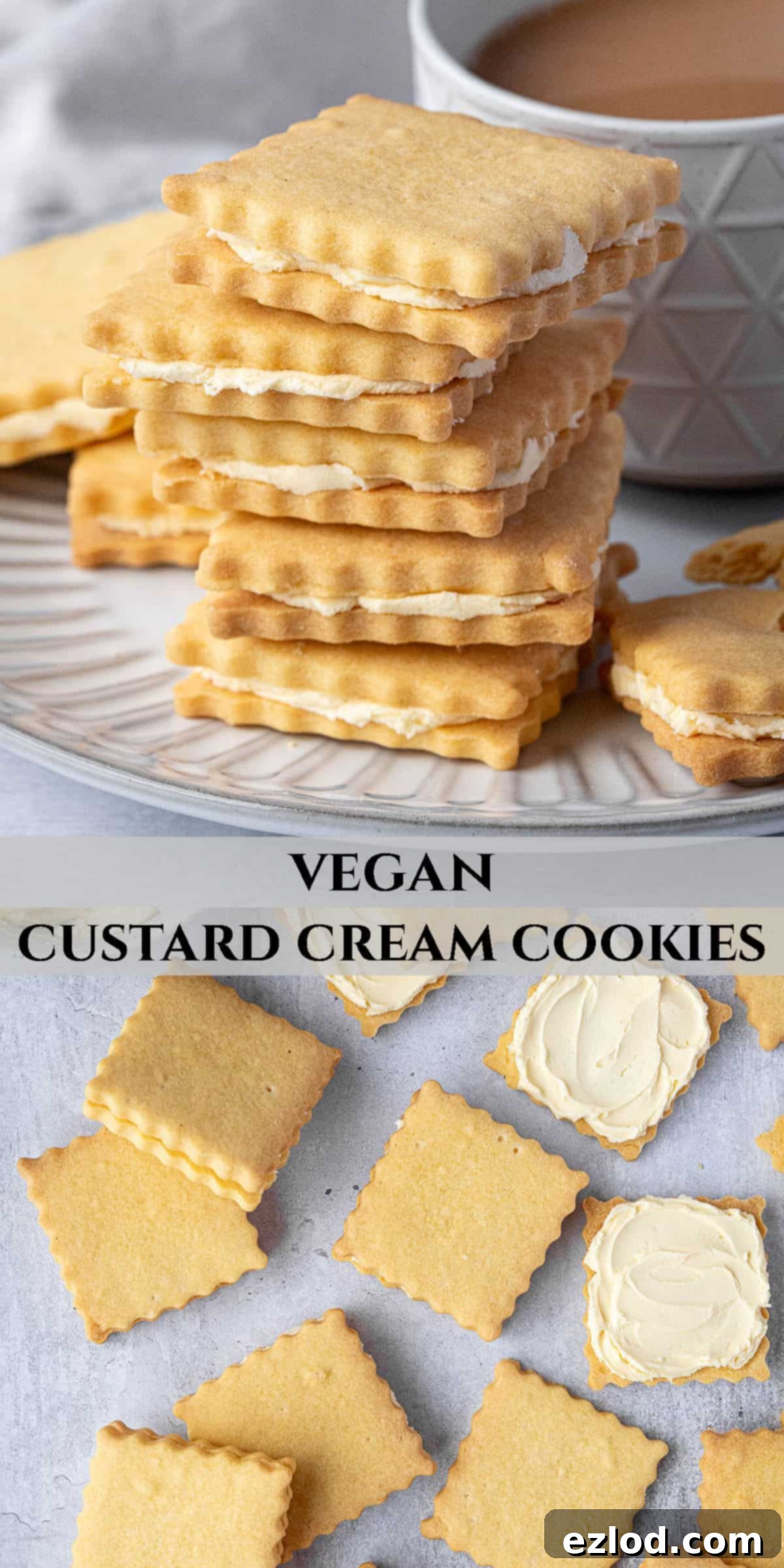 A creative Pinterest collage image displaying various stages of vegan custard cream making and the final delicious product.