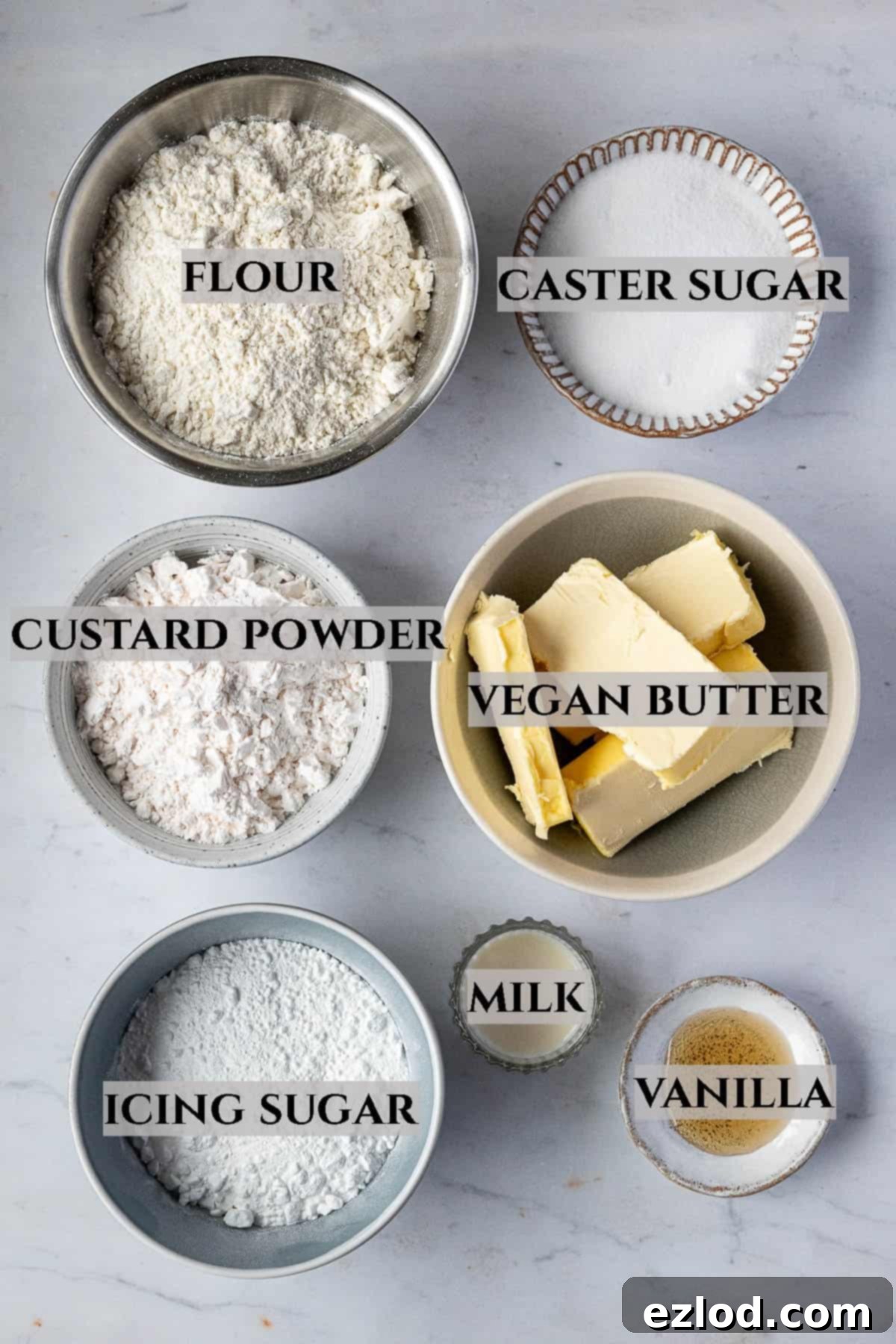 An overhead shot showcasing the key ingredients for making vegan custard cream biscuits, neatly arranged and labeled on a rustic wooden surface.