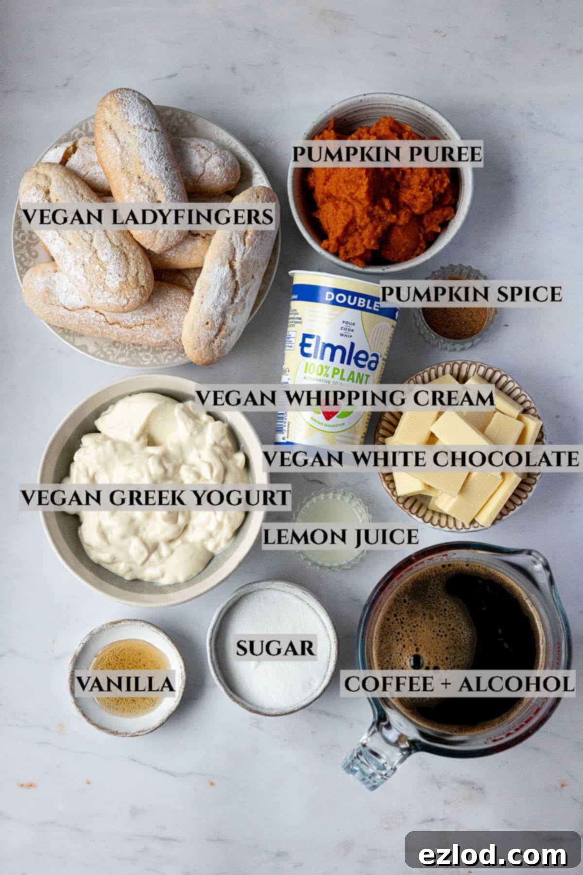 A labelled photo of the ingredients needed to make pumpkin tiramisu in bowls.