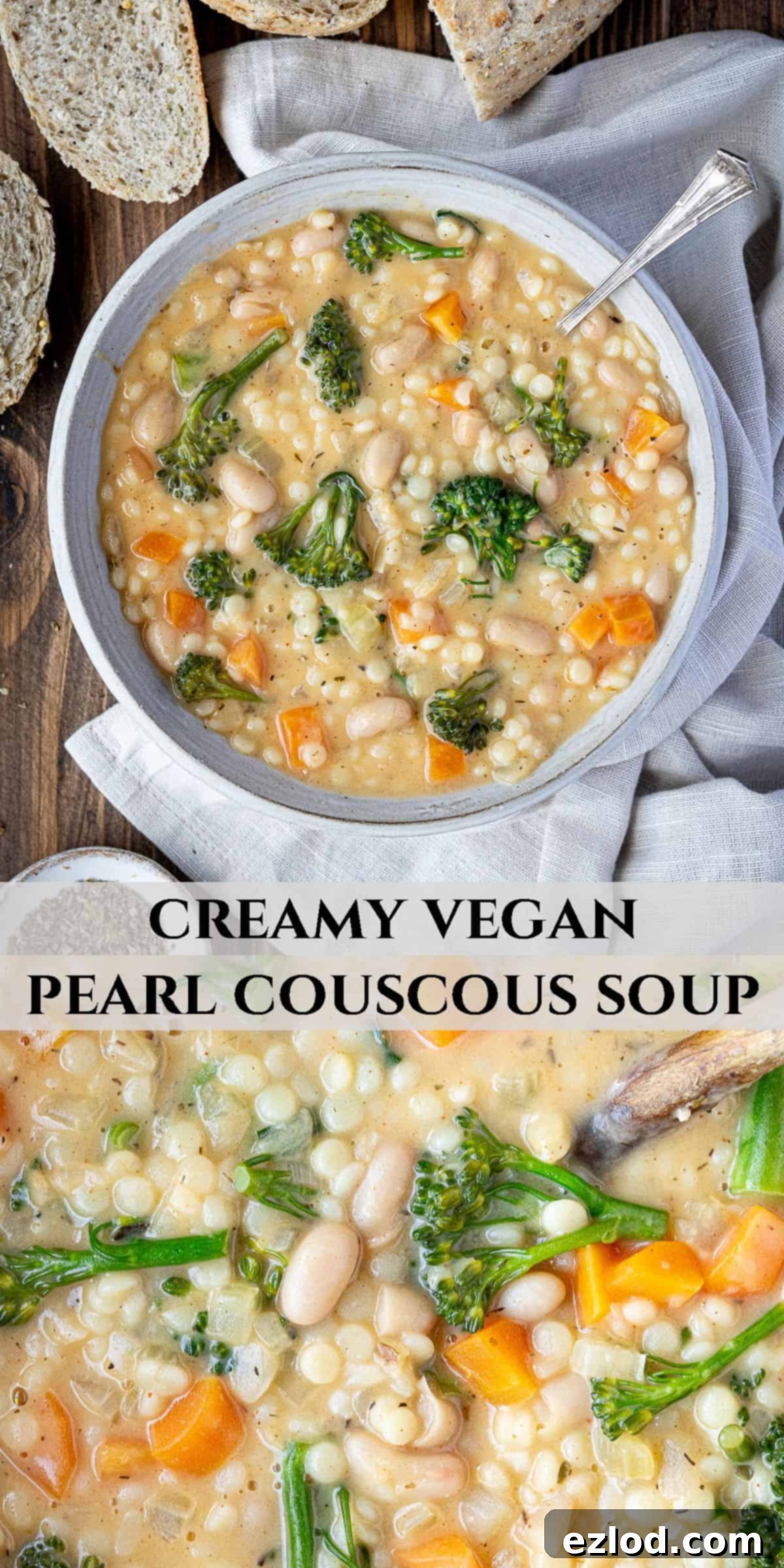 Velvety Vegan Pearl Couscous Soup 12 A Pinterest collage image featuring multiple appealing shots of the creamy vegan pearl couscous soup.