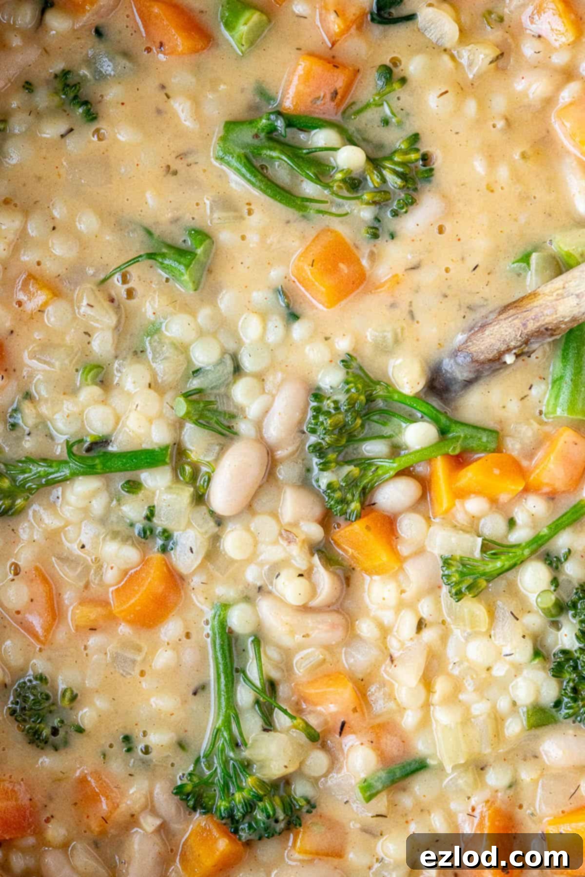 Velvety Vegan Pearl Couscous Soup 4 Close up of the creamy pearl couscous soup, showing the texture of the couscous and vegetables.