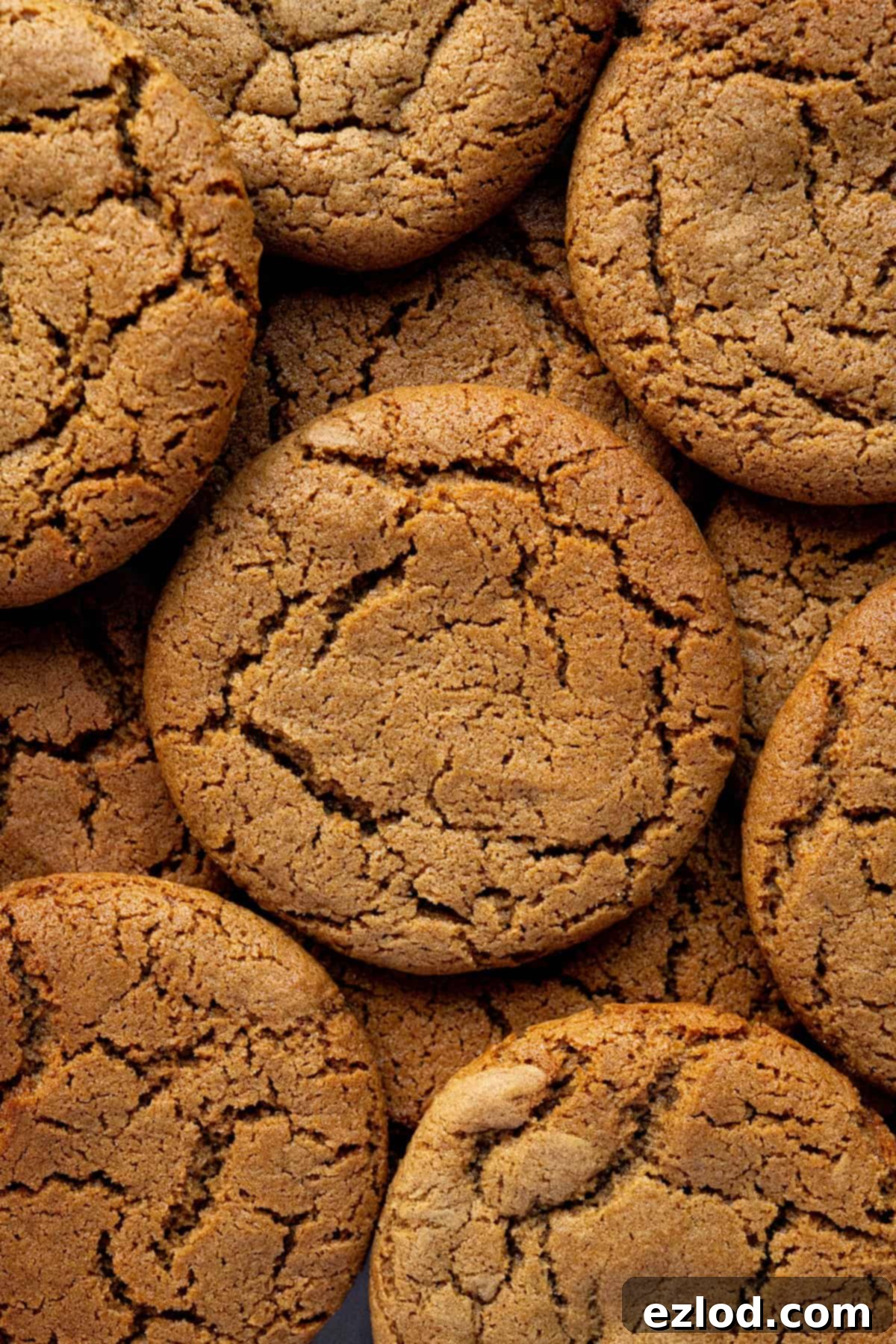 Close up of a pile of chewy vegan ginger cookies, showcasing their inviting texture and a dusting of sugar.