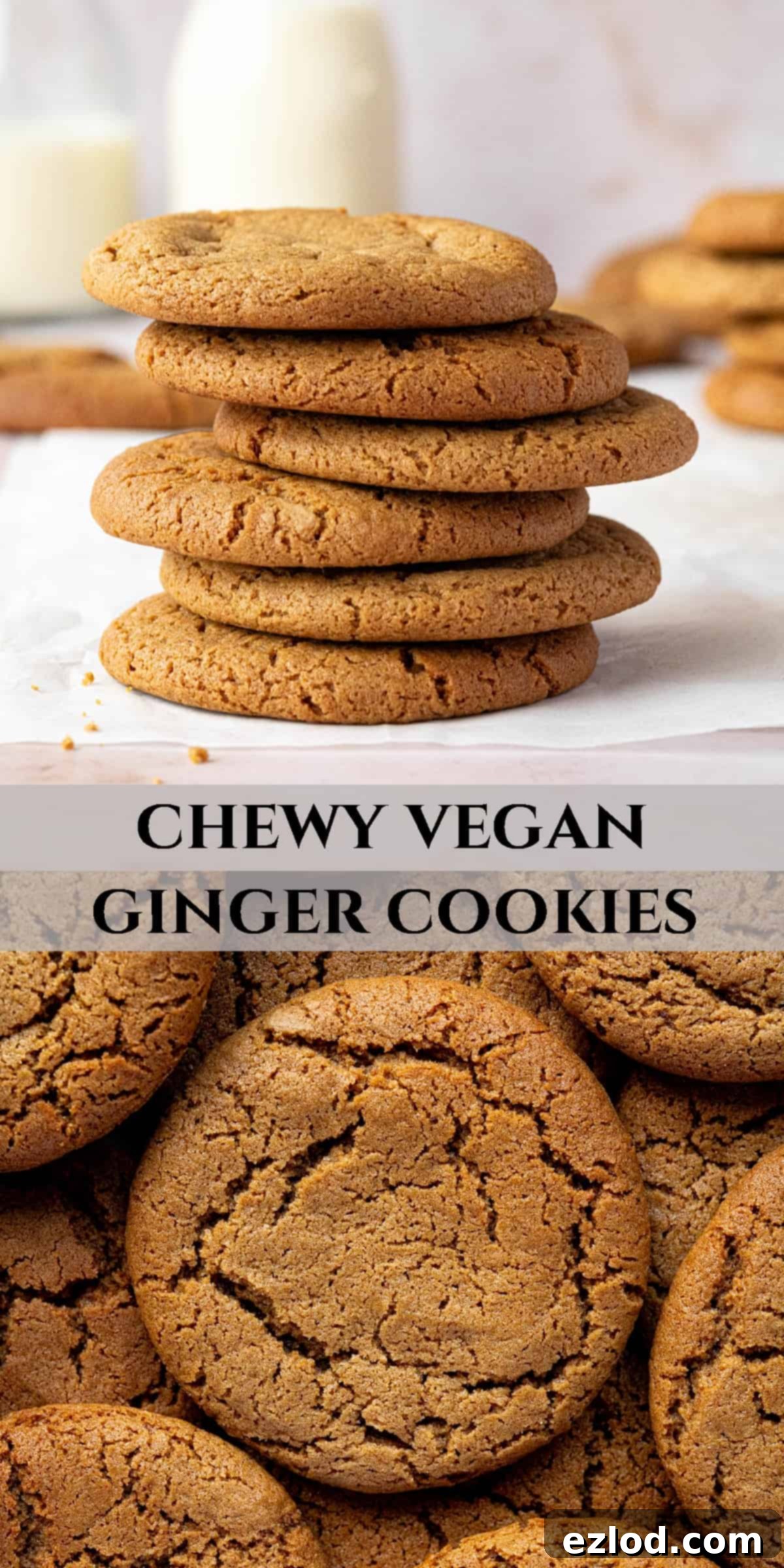 Pinterest collage image featuring multiple close-up shots of chewy vegan ginger cookies, highlighting their texture and appealing golden color.