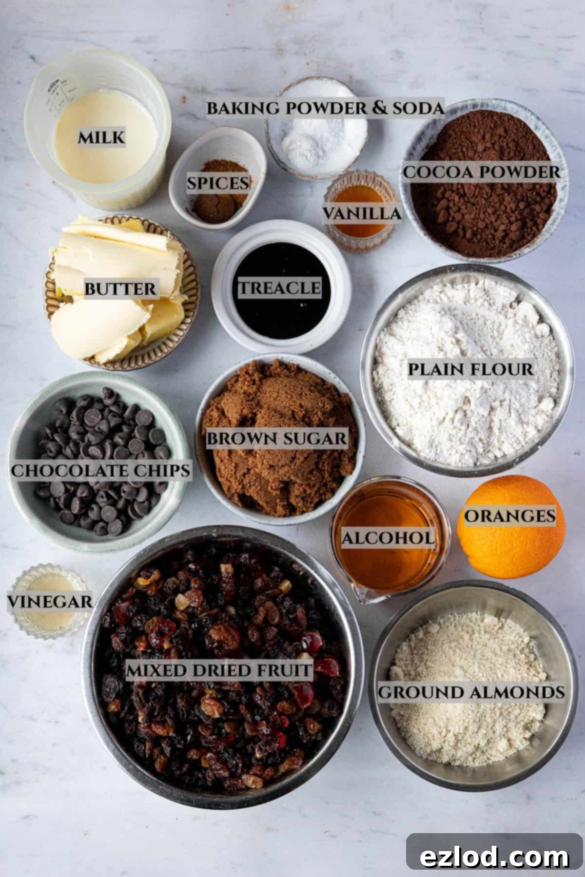 A labelled image of the ingredients needed to make chocolate Christmas cake, in bowls.