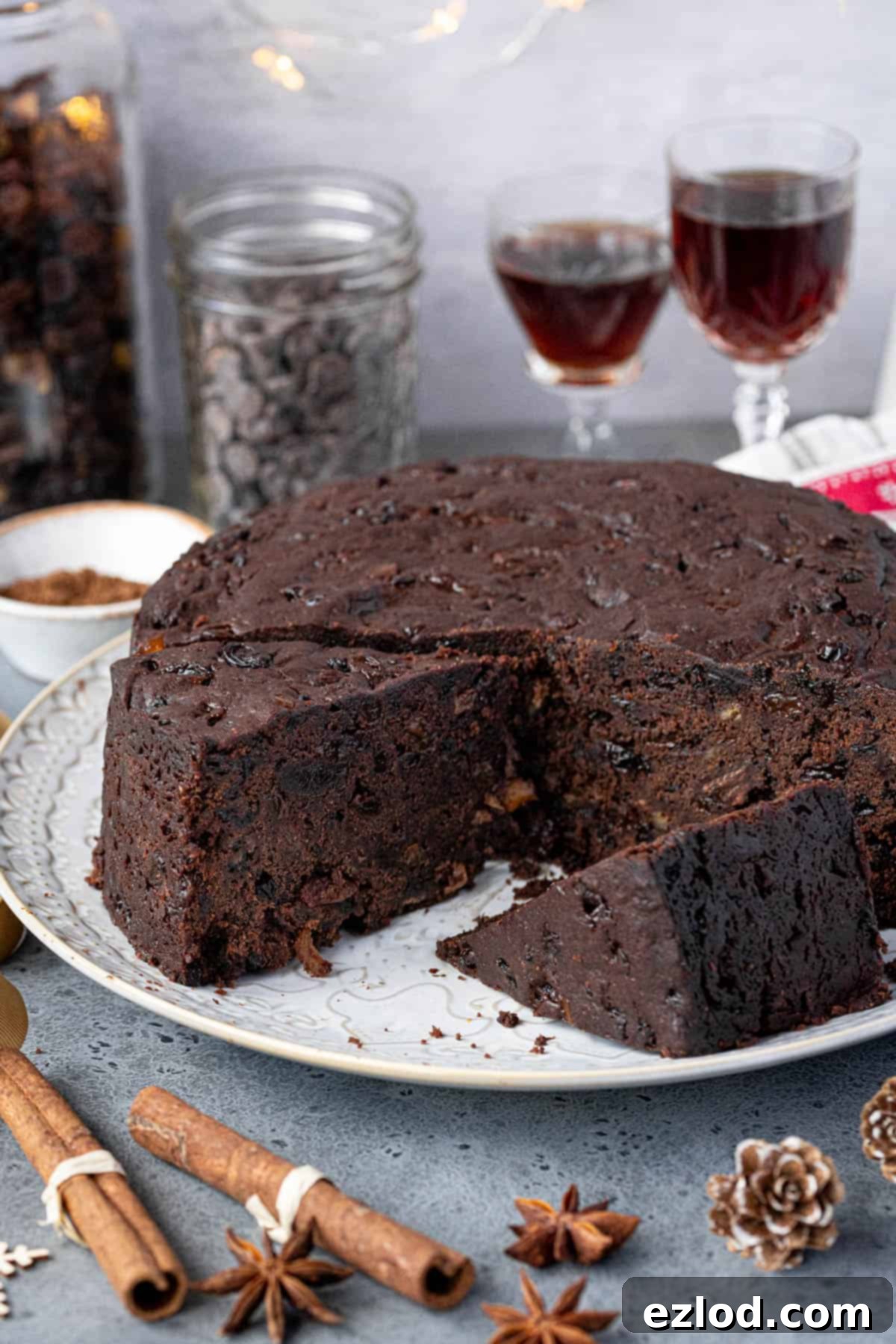 Close up of the sliced vegan Chocolate Christmas cake.