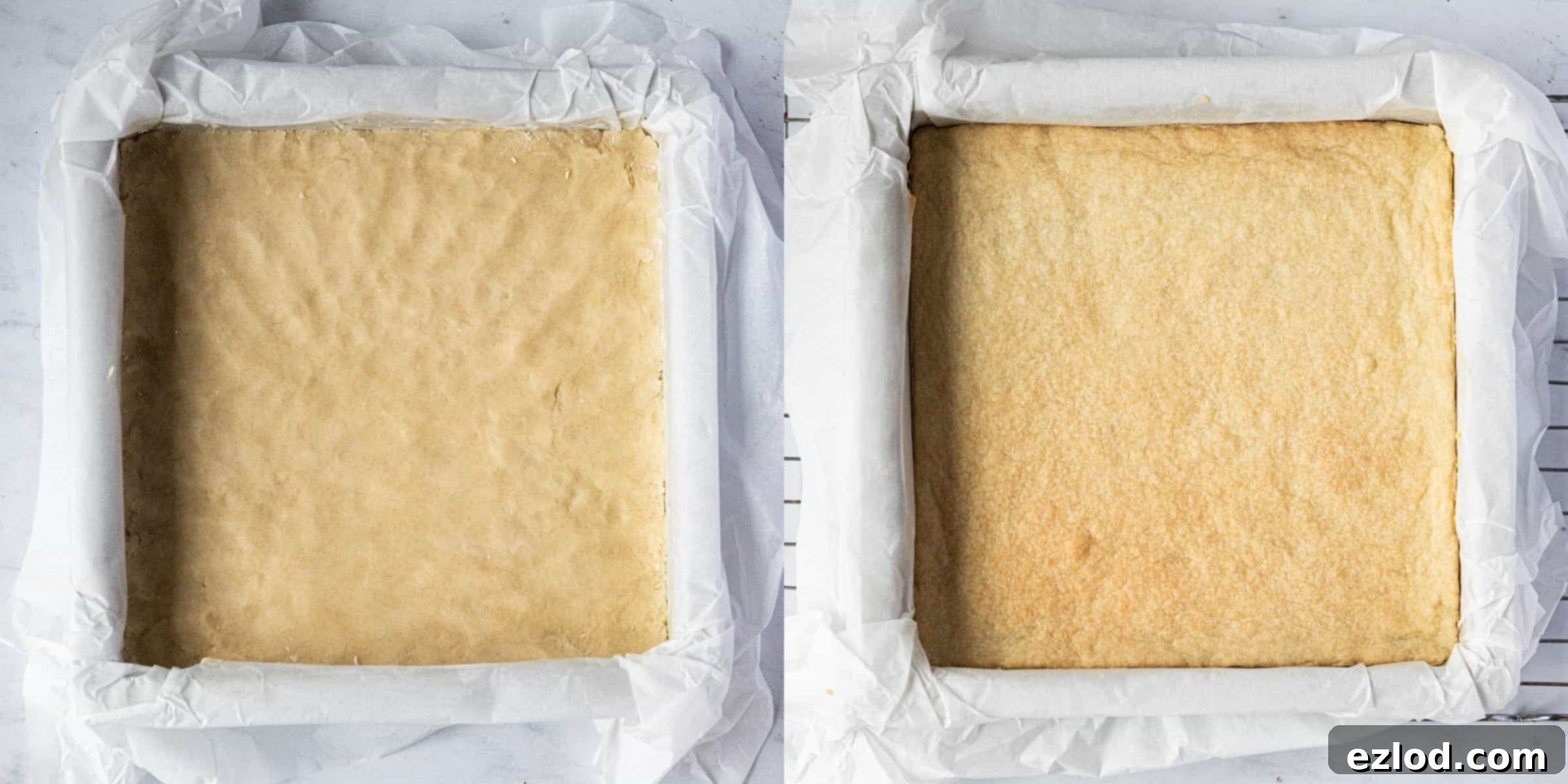 Festive Vegan Mince Pie Brownies 6 Step 2, the shortbread in the tin before and after baking.