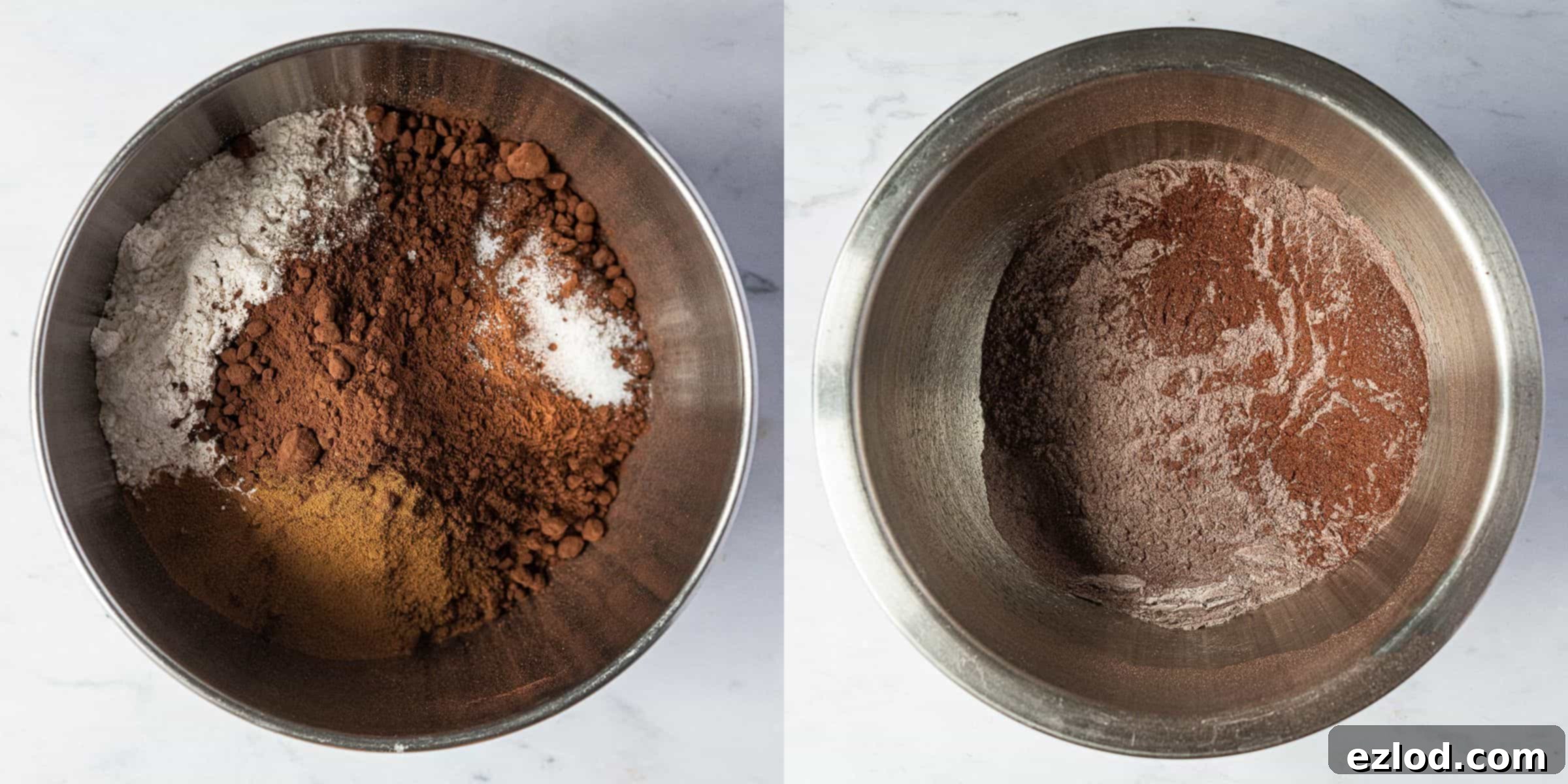 Festive Vegan Mince Pie Brownies 7 Step 3, a two image collage of sifting together the dry ingredients.