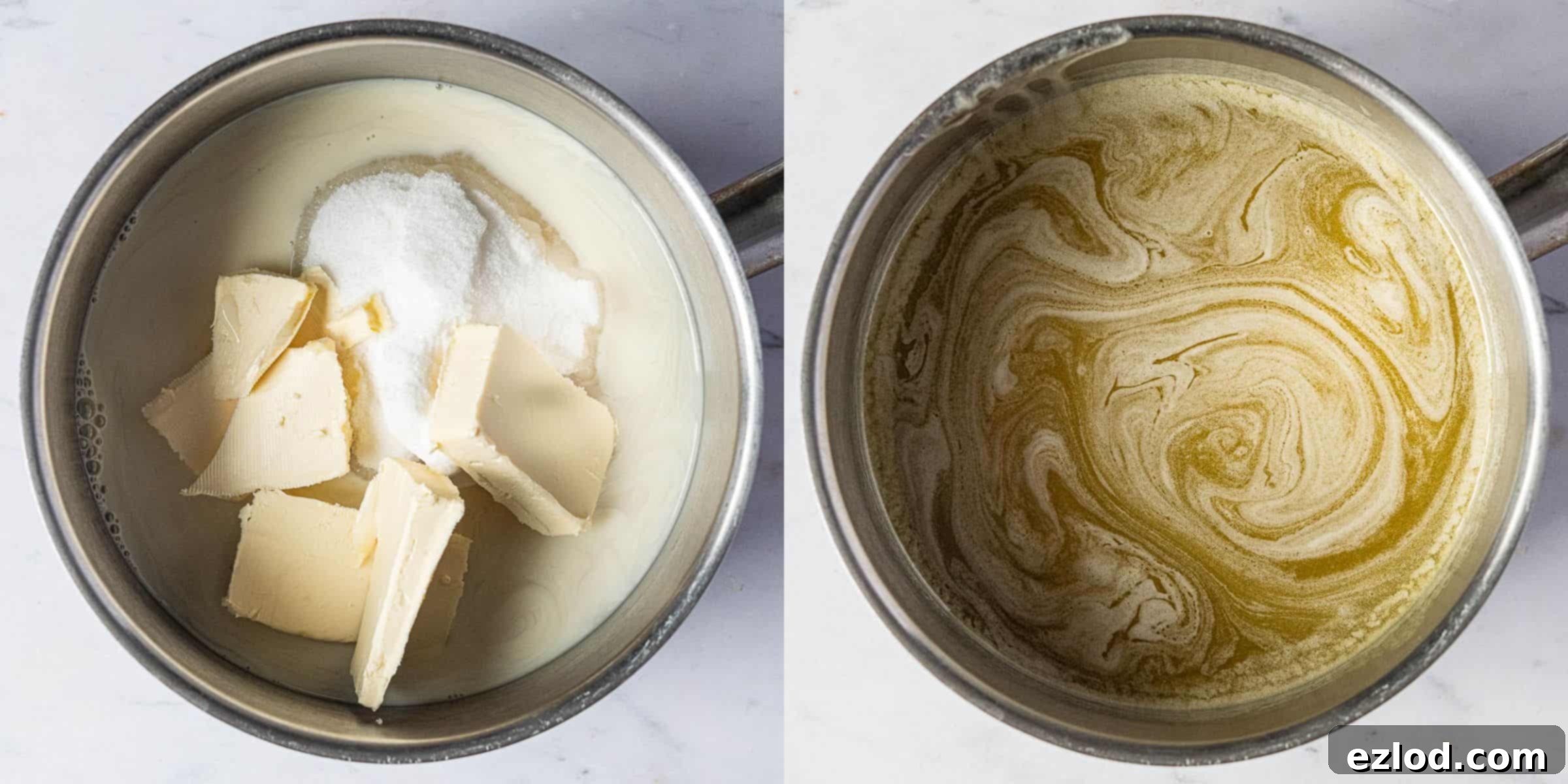 Festive Vegan Mince Pie Brownies 8 Step 4, a two image collage of melting the butter, sugar and milk.