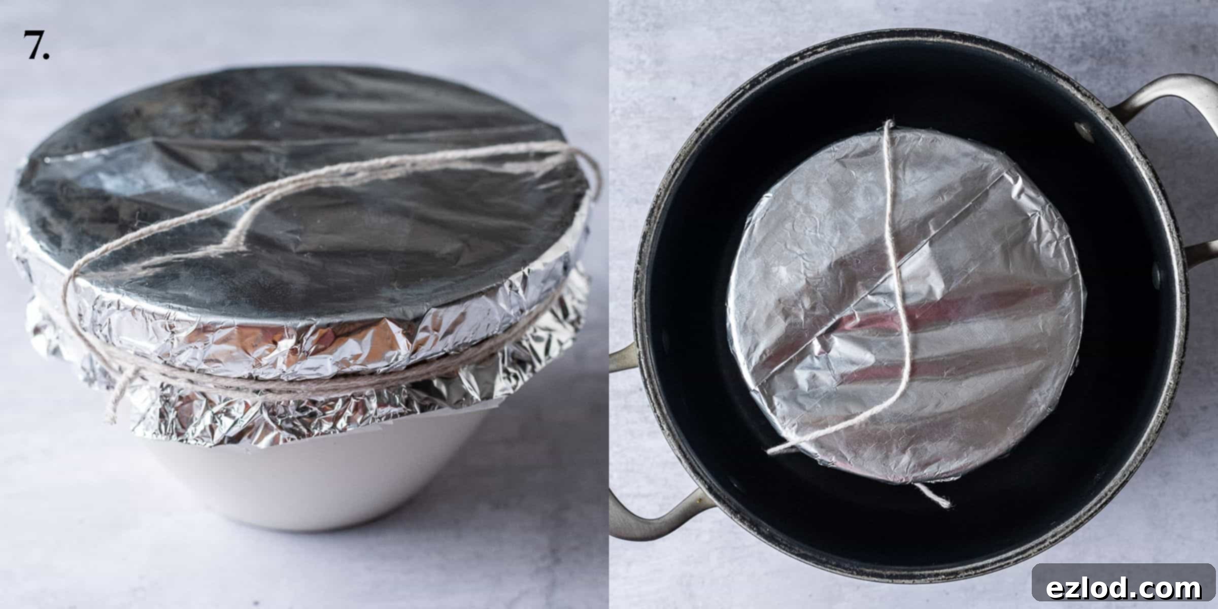 Step 7, the pudding basin positioned in a saucepan with water, ready for steaming.
