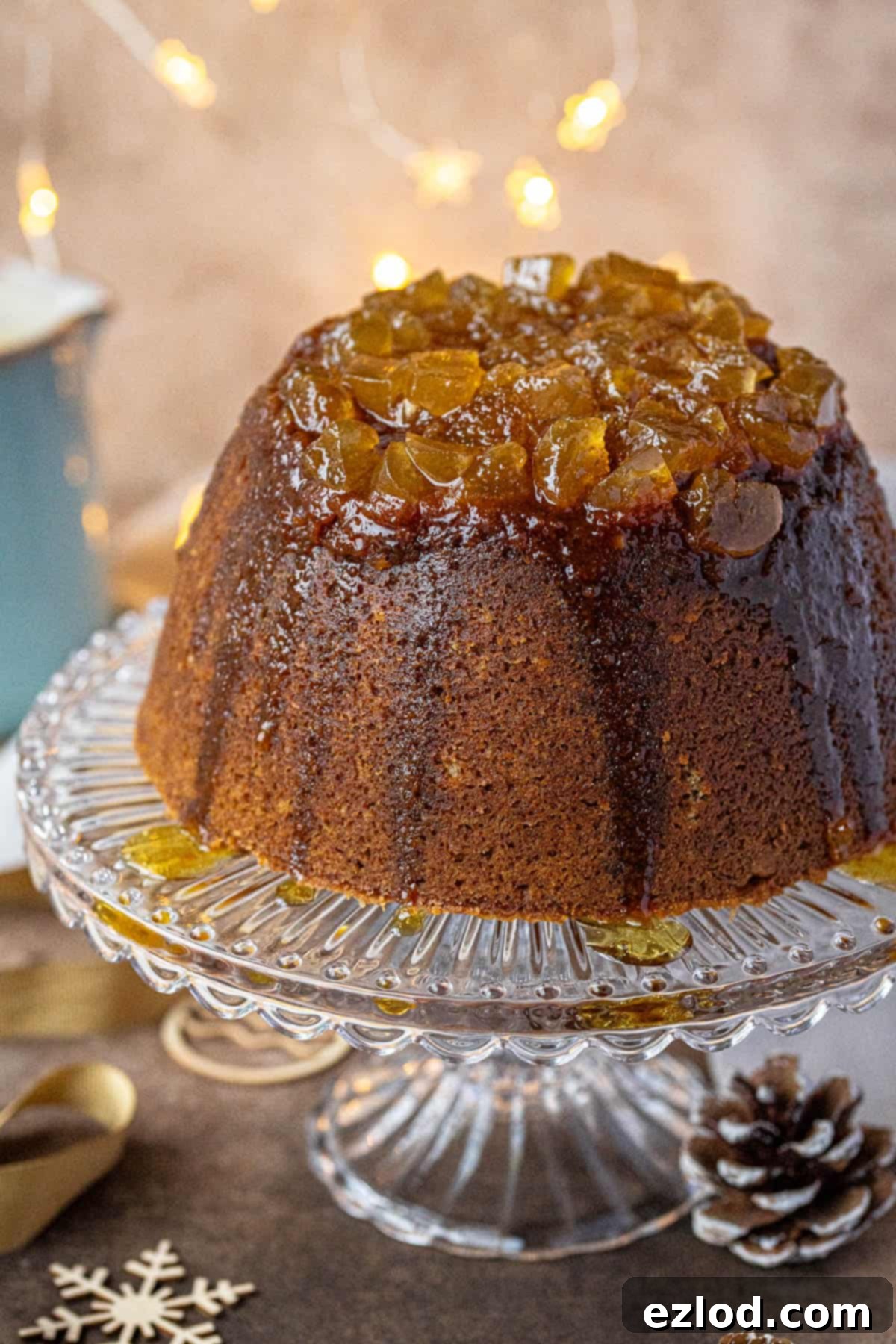 Close up of the finished steamed gingerbread pudding, showcasing its rich brown colour and sticky top.
