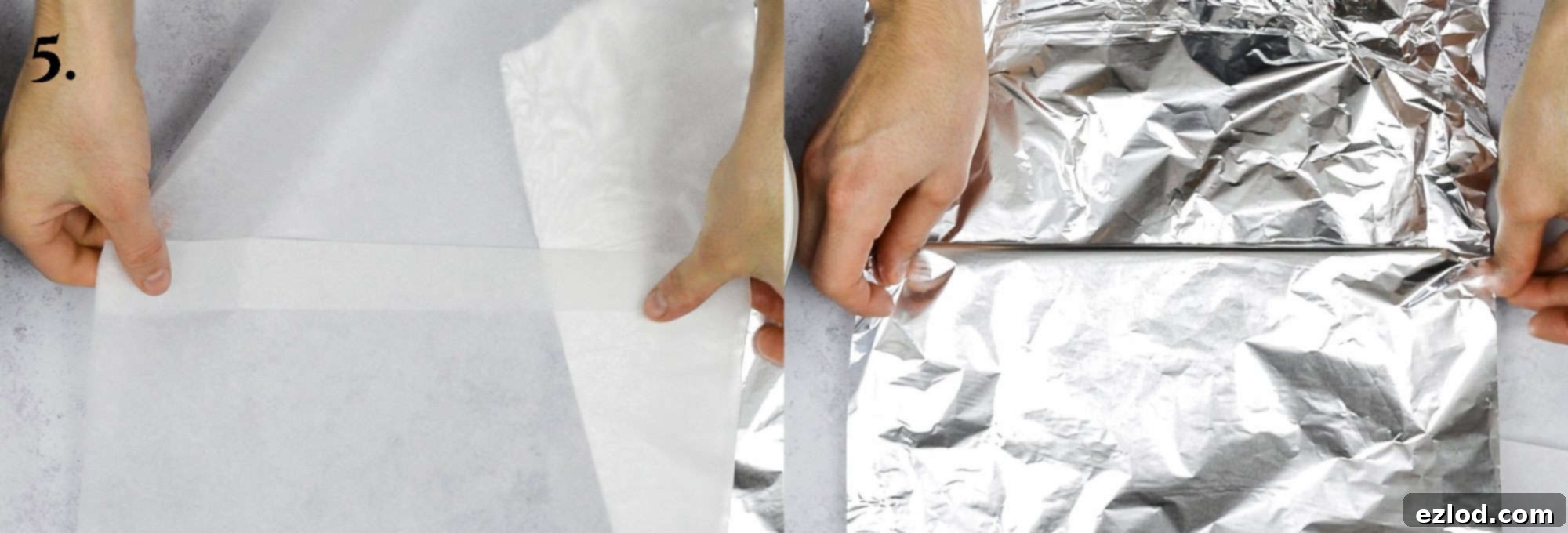 Step 5, demonstrating how to pleat baking paper and tin foil for the pudding cover.