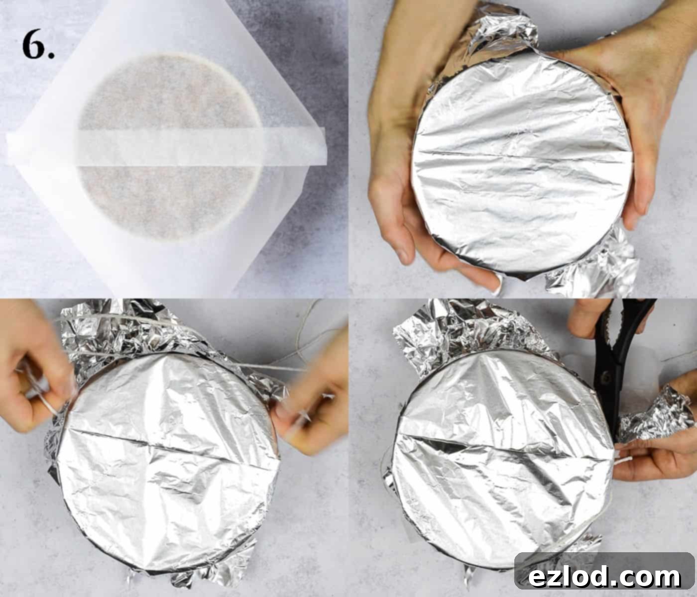 Step 6, showing the pudding basin covered with pleated baking paper and foil, secured with string.