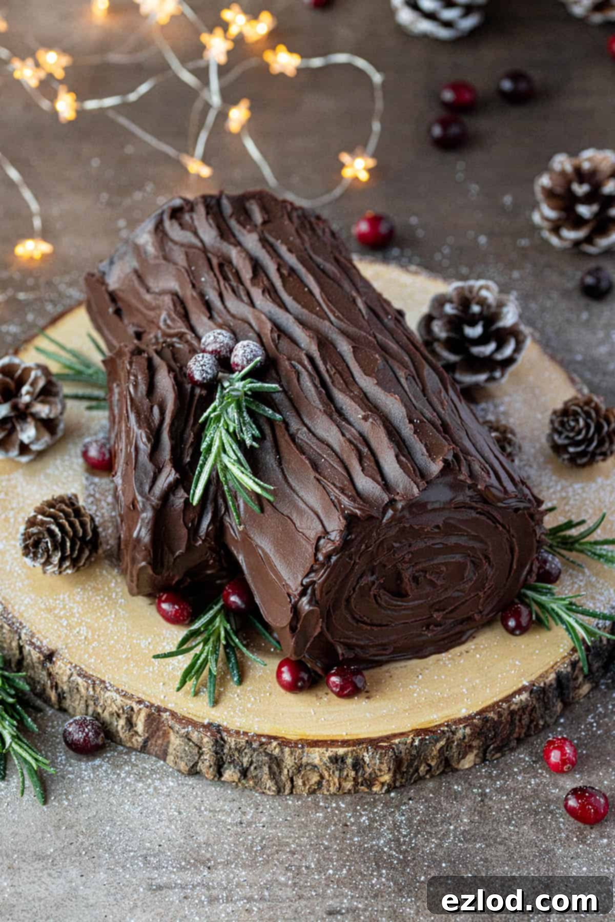 Plant-Based Chocolate Yule Log 14 The fully decorated vegan yule log, complete with realistic bark texture and a festive branch, presented on a rustic wooden board.