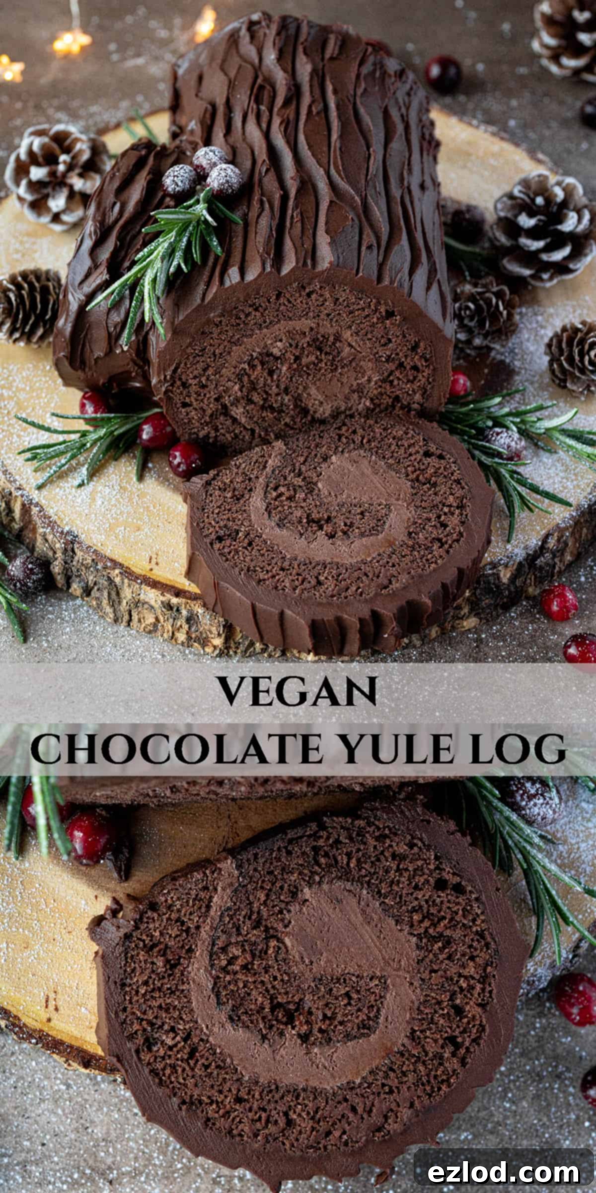 Plant-Based Chocolate Yule Log 18 A Pinterest collage image showcasing multiple angles of the vegan chocolate yule log, decorated with festive elements, perfect for holiday inspiration.