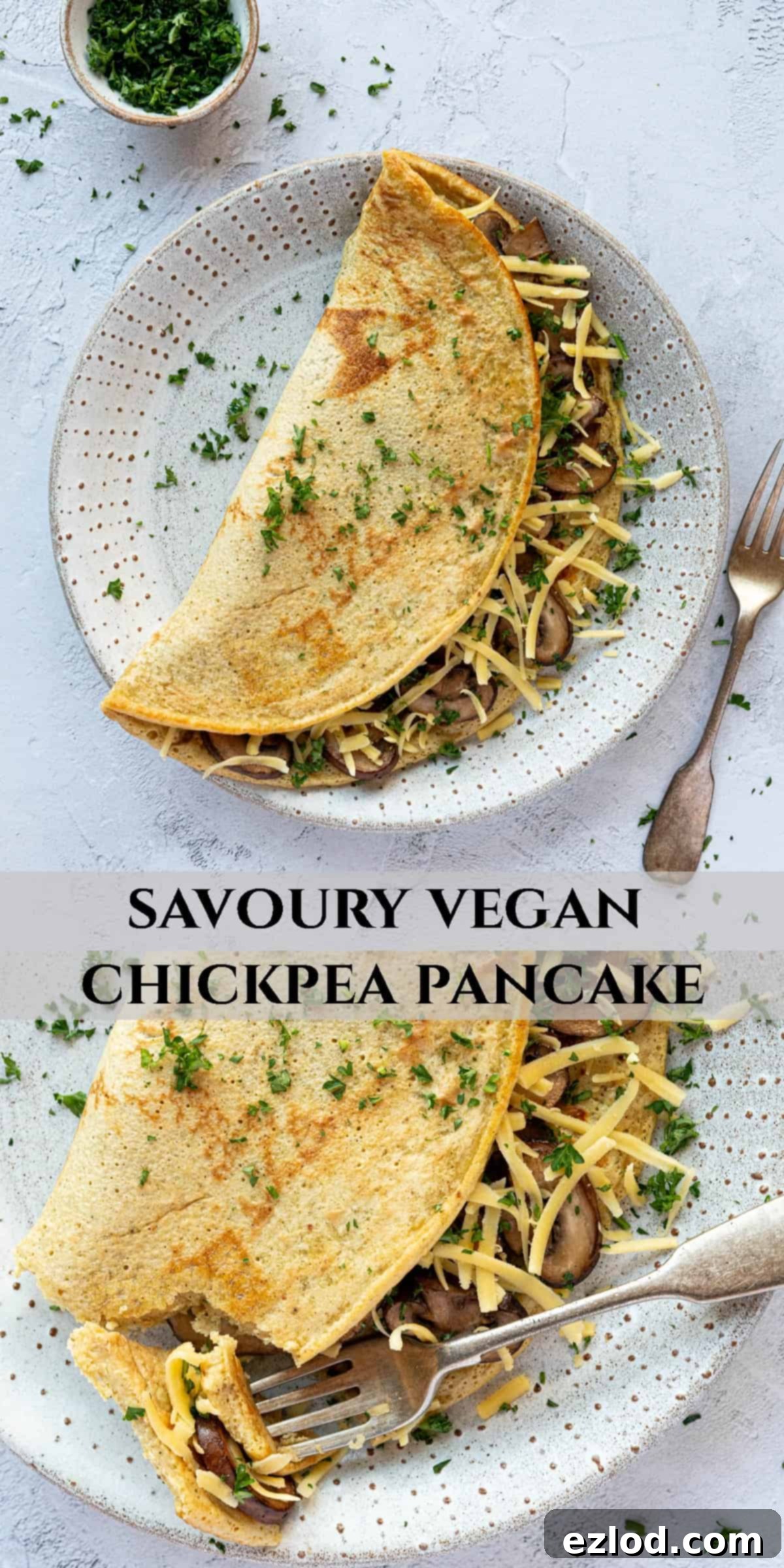 Golden Chickpea Fritters 10 A Pinterest collage image featuring two different serving suggestions for the savoury chickpea pancake, highlighting its versatility and delicious appeal.