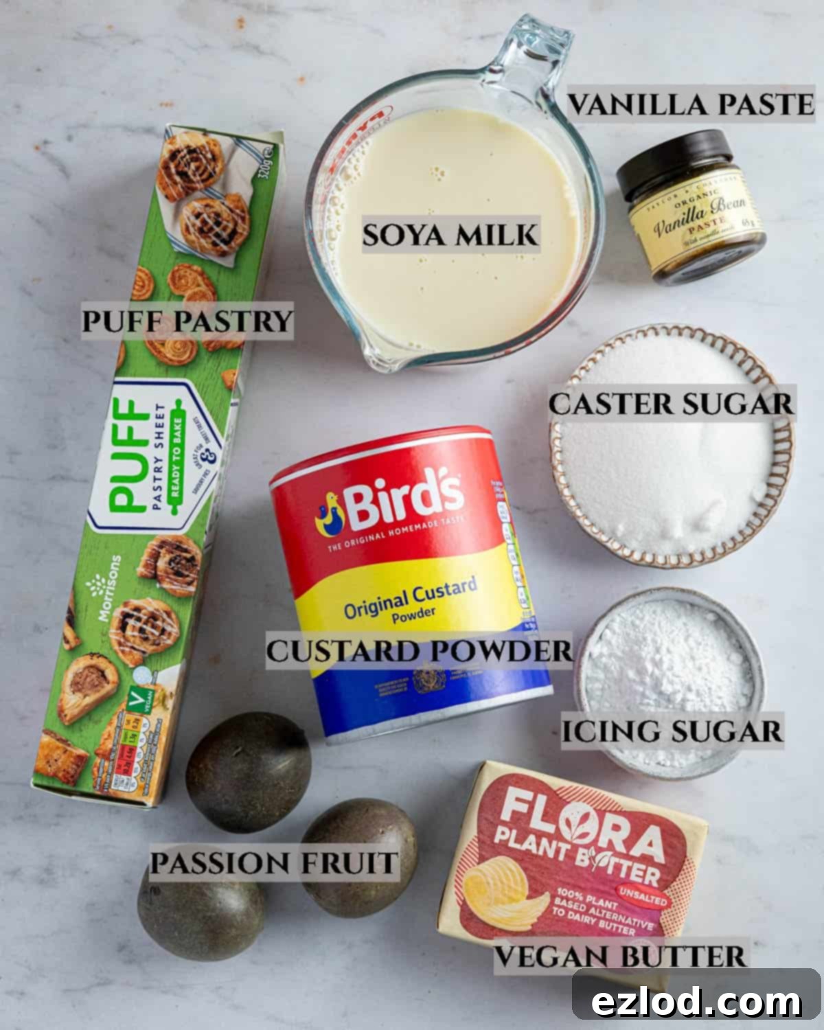 A labelled photo of the ingredients needed to make vegan vanilla slice.